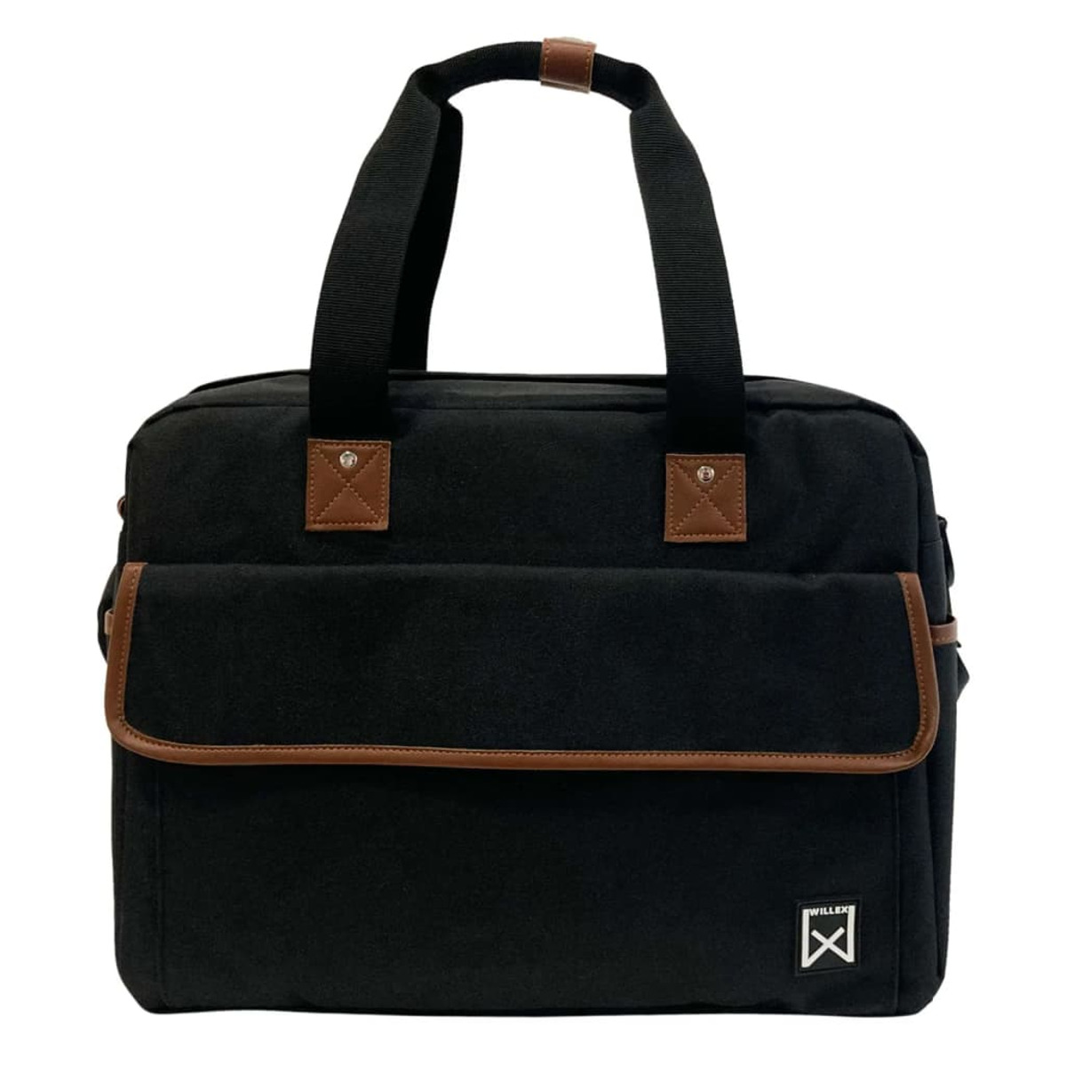 Schwarze Tasche mit braunen Akzenten, oberen Griffen und kleinem Logo.