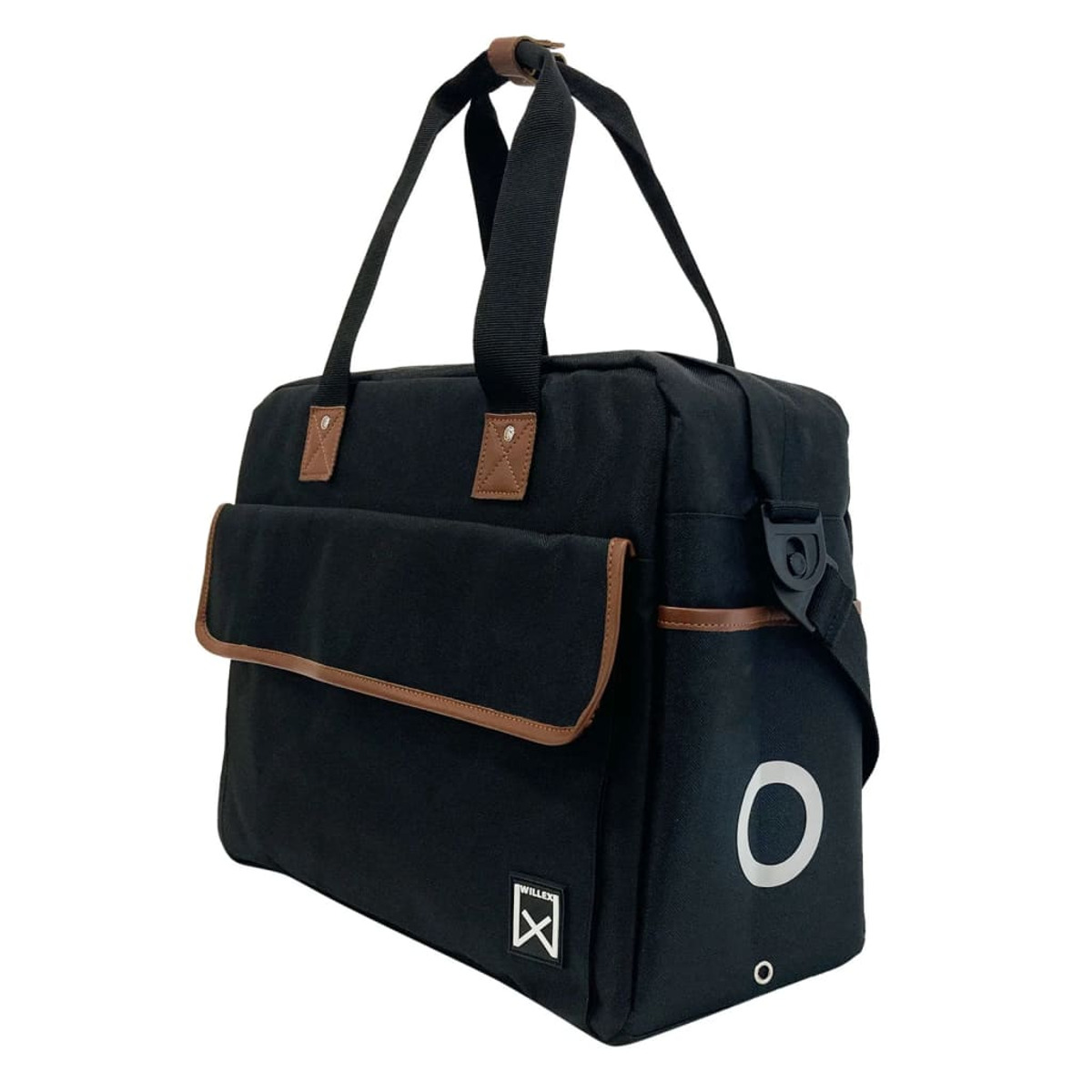 Schwarze Tasche mit braunen Akzenten, Griff und Schultergurt.
