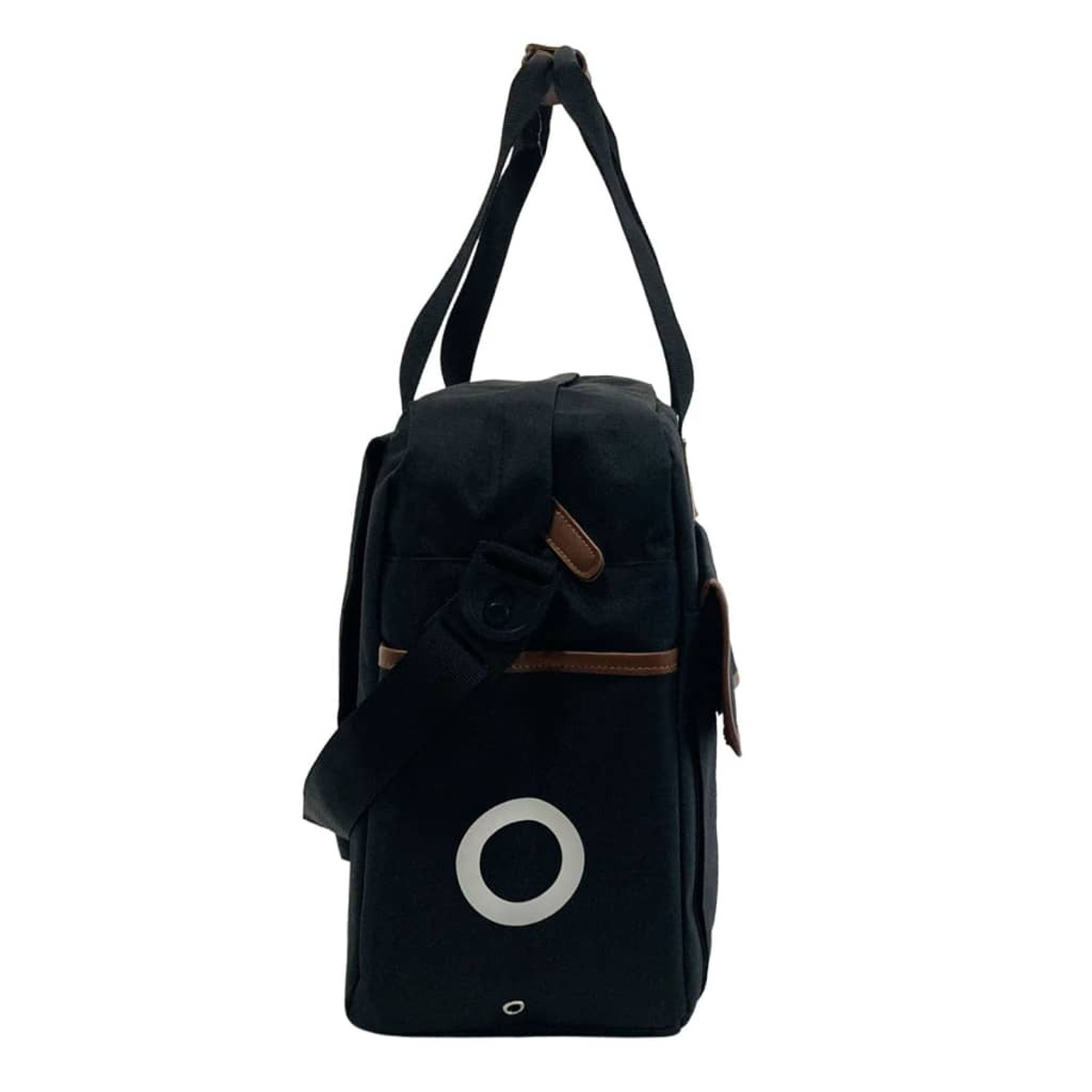 Schwarze Canvas-Tasche mit weißem Kreis und braunen Akzenten, Schultergurt, auf weißem Hintergrund.