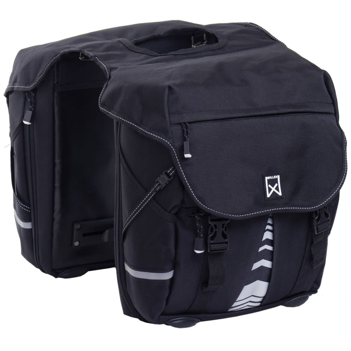 Schwarze Fahrradsatteltaschen. Eine Seite ist offen, die andere hat eine Tasche. Weiße Nähte und reflektierende Streifen.
