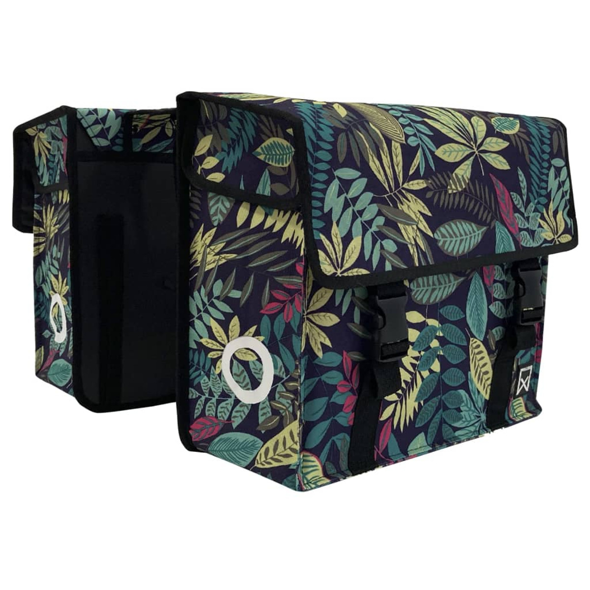 Zwei Fahrradtaschen mit floralem Muster, schwarzen Schnallen und Details.