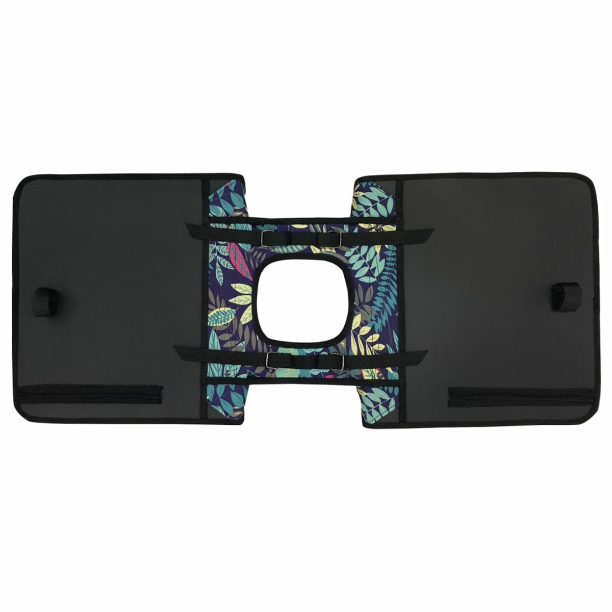Ein schwarzer Autositzschoner mit einem floral gemusterten Mittelteil und Klettverschlüssen.