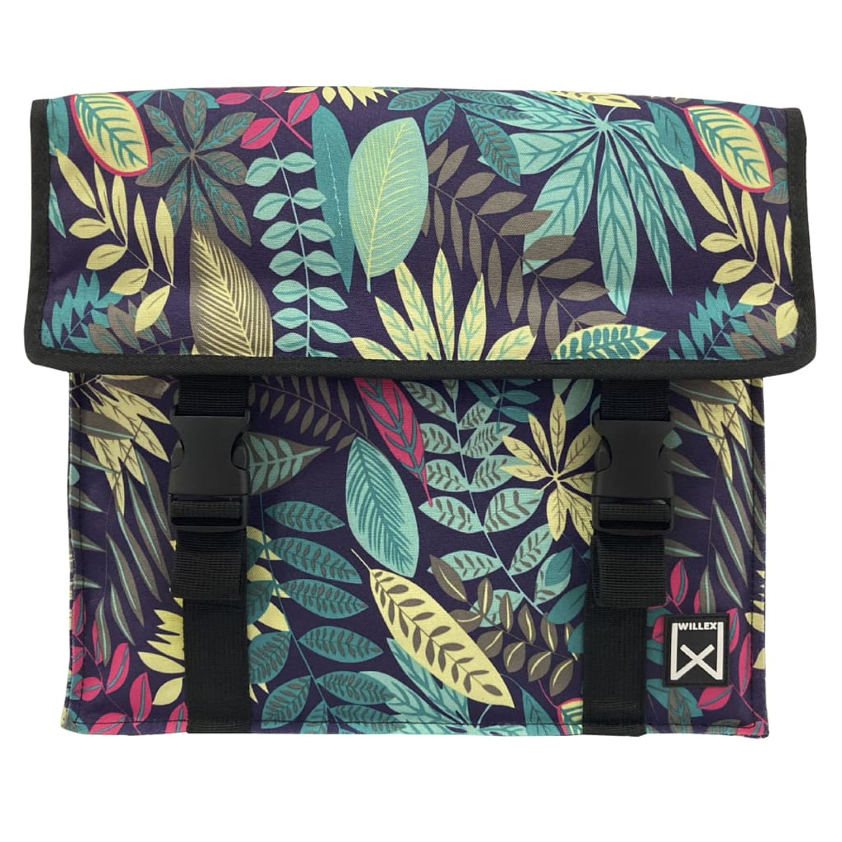 Eine Tasche mit floralem Design. Es hat schwarze Riemen und Schnallen.