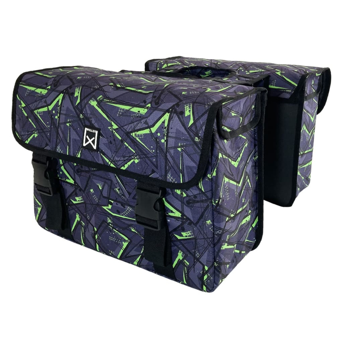 Zwei schwarz-grün gemusterte Fahrradtaschen mit Schnallen.