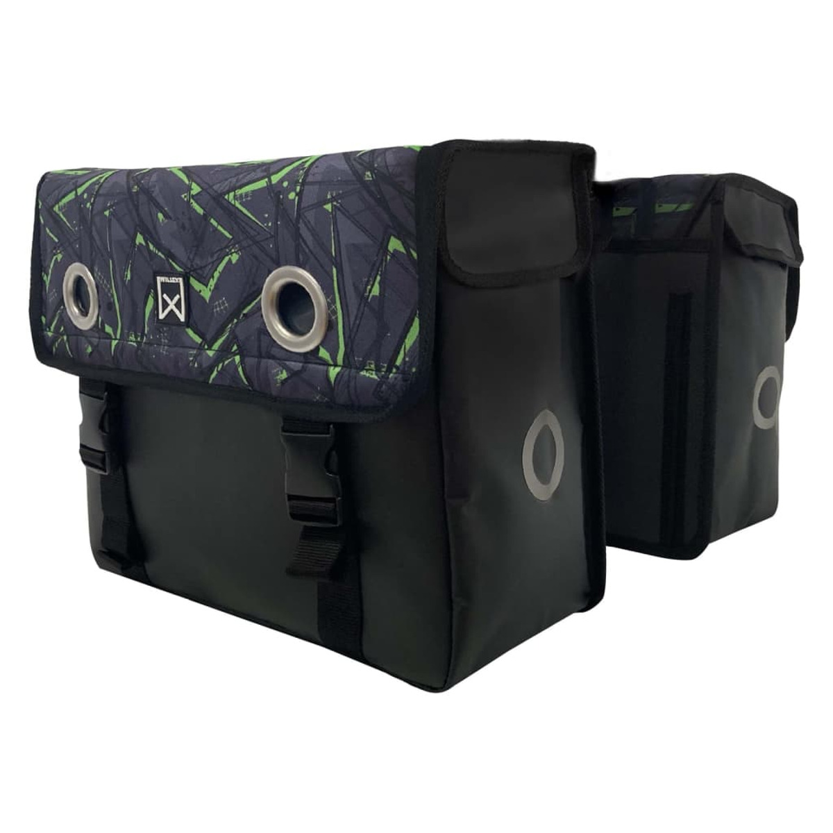 Zwei schwarze Fahrradtaschen mit grünem Muster oben, weißer Hintergrund.