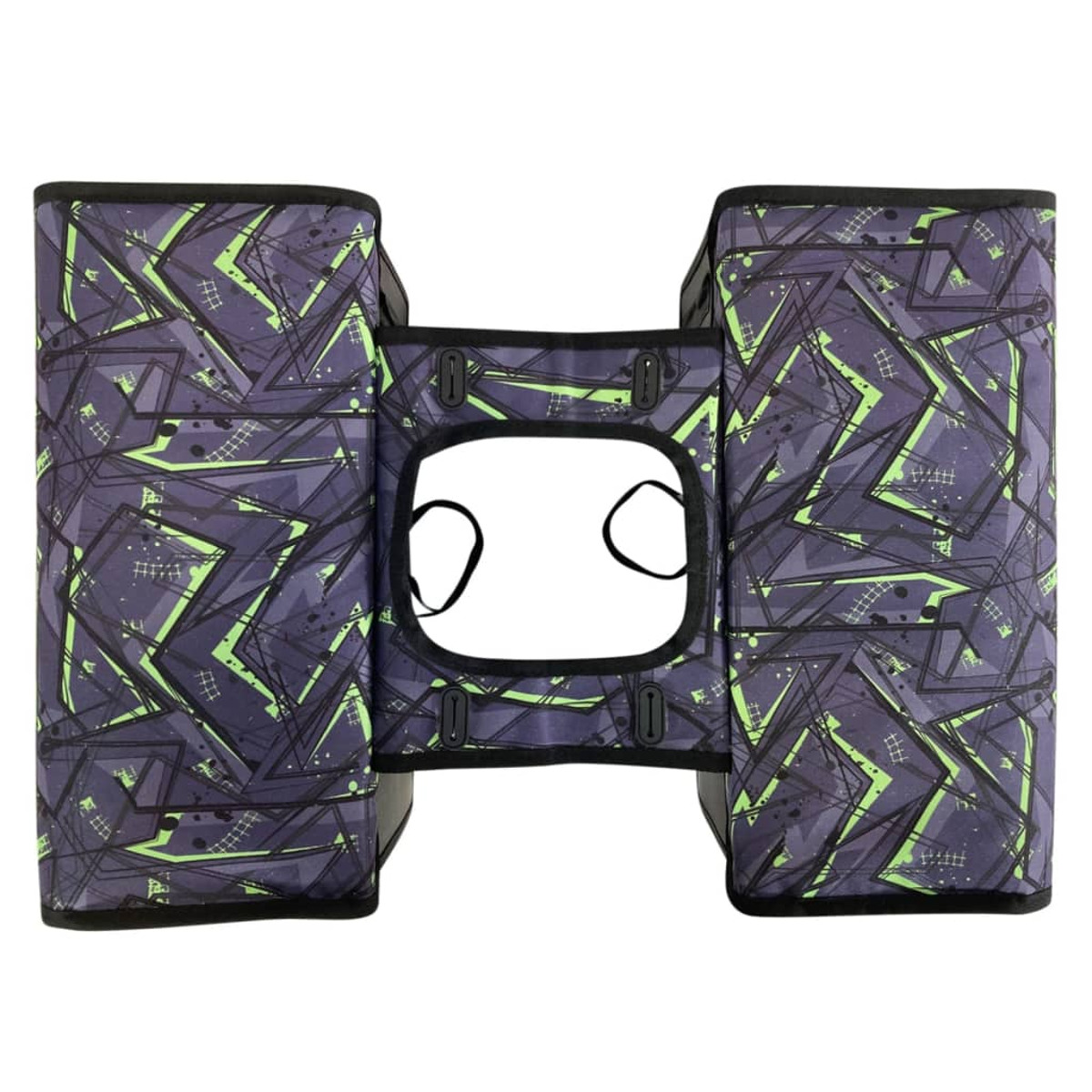 Hundetüten mit geometrischem Muster, schwarzen Rändern und einer zentralen Öffnung, auf weißem Hintergrund.