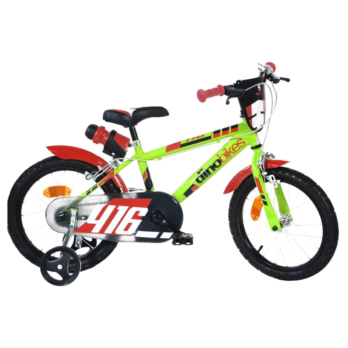 Grünes und rotes Kinderfahrrad. Es hat Stützräder und den Markennamen 'ainobikes'.