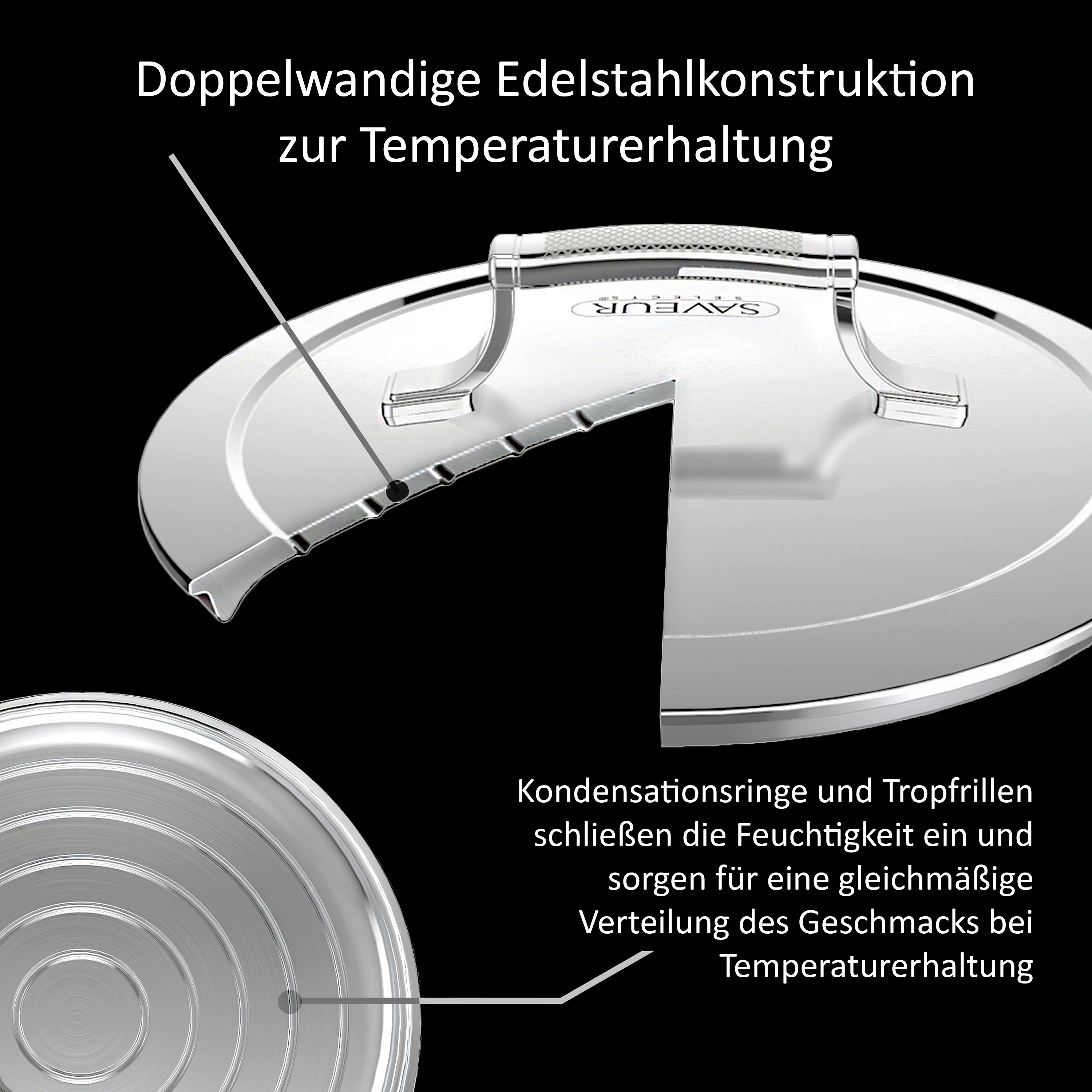 Nahaufnahme eines Edelstahldeckels mit Ausschnitt, der die doppelwandige Konstruktion zeigt.