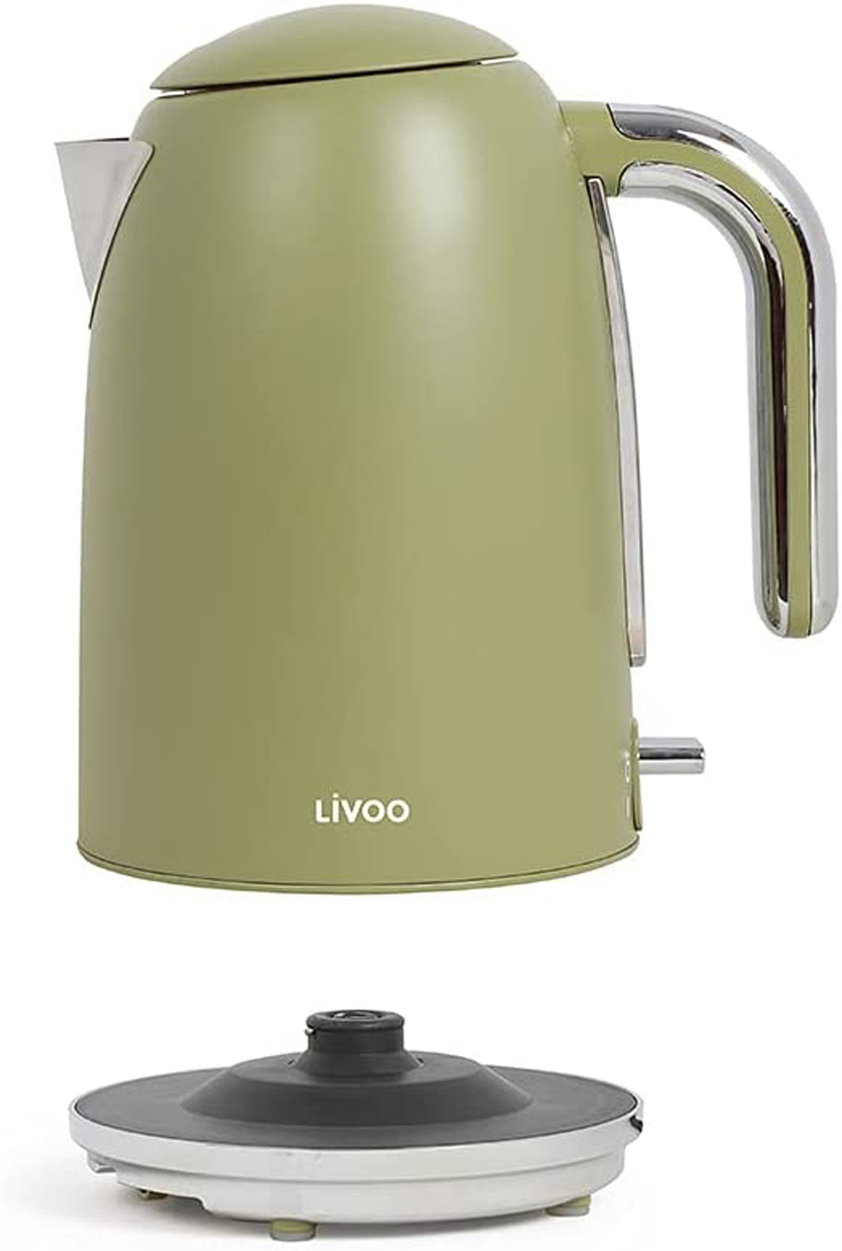 Ein olivgrüner Wasserkocher mit silbernem Griff und Sockel.
