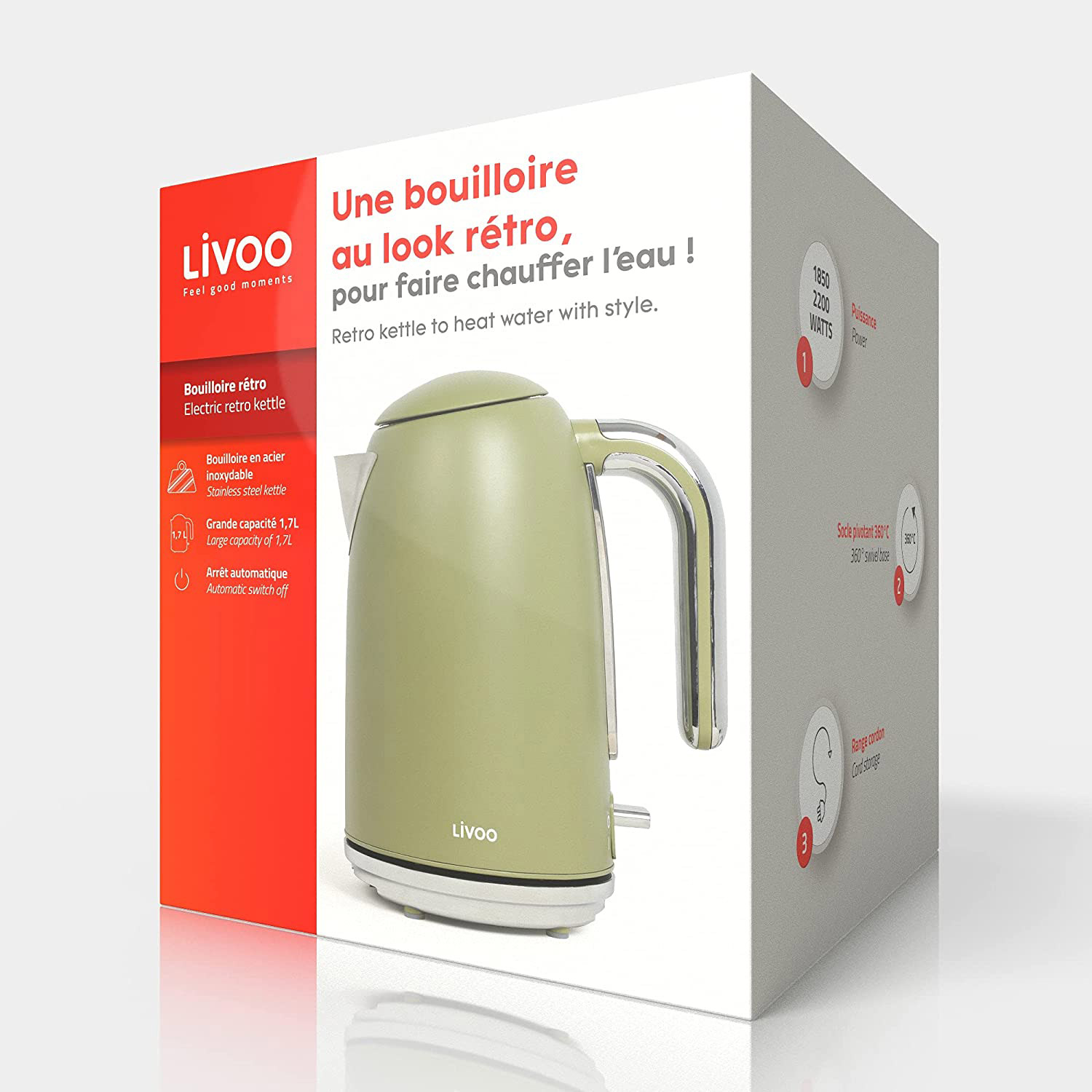 Grüner Retro-Wasserkocher in der Box, Text über Funktionen.