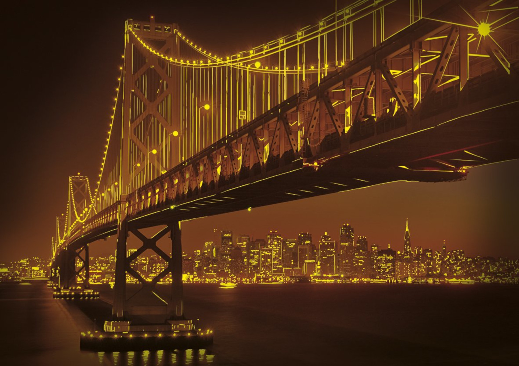 Nachtansicht der Golden Gate Bridge in San Francisco, Kalifornien, mit Stadtlichtern im Hintergrund.