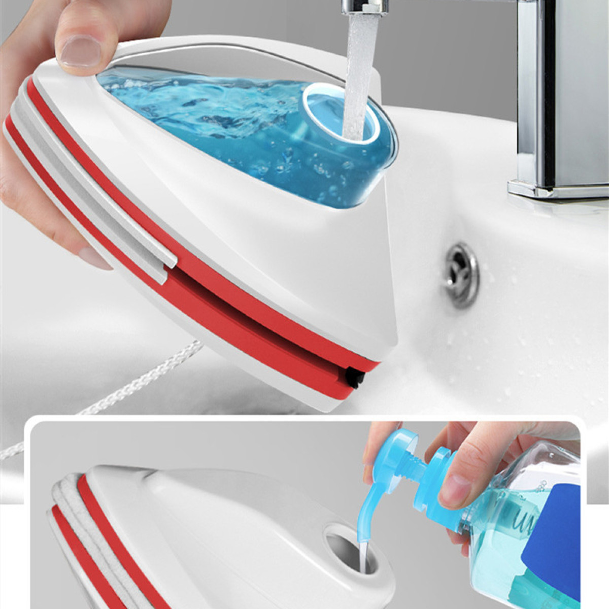 Een hand reinigt een witte en rode glasreiniger met water. Een andere hand giet er reiniger in.