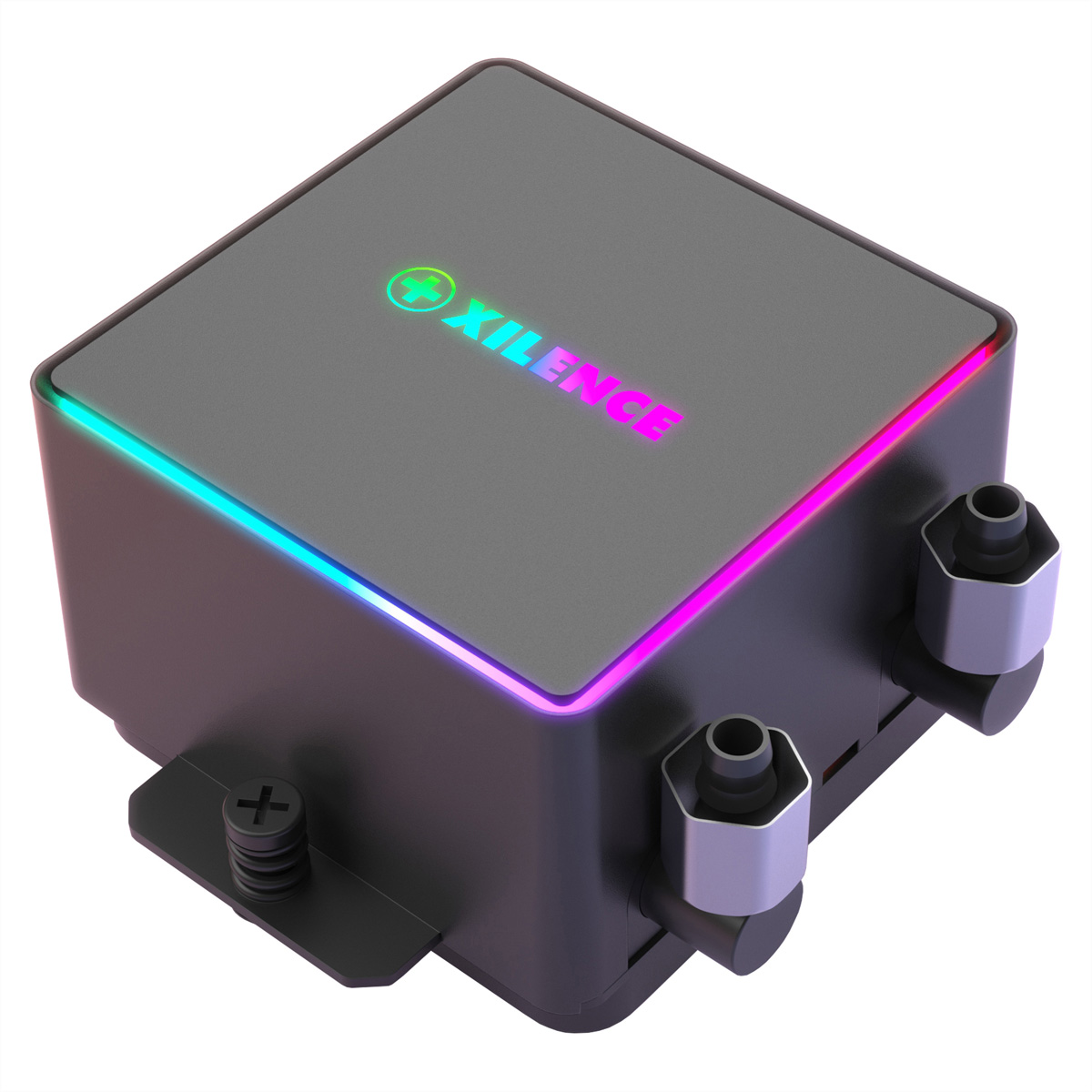 Czarny system chłodzenia komputera z logo i kolorowymi światłami.