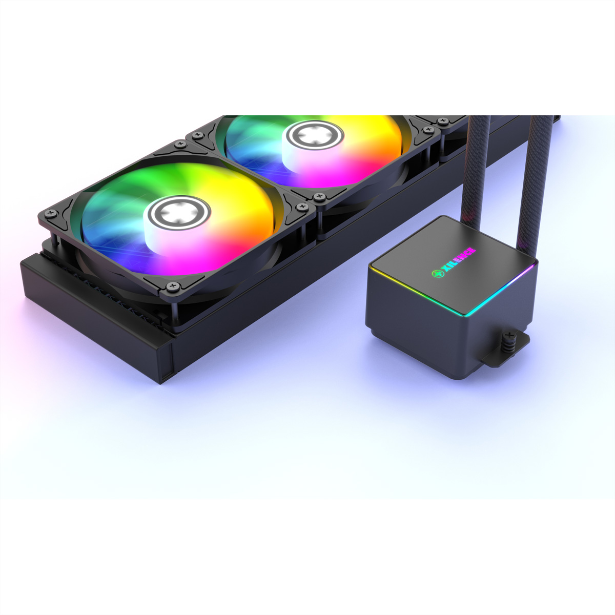 Chłodnica cieczy z dwoma wentylatorami, tęczowymi kolorami i czarną pompą.