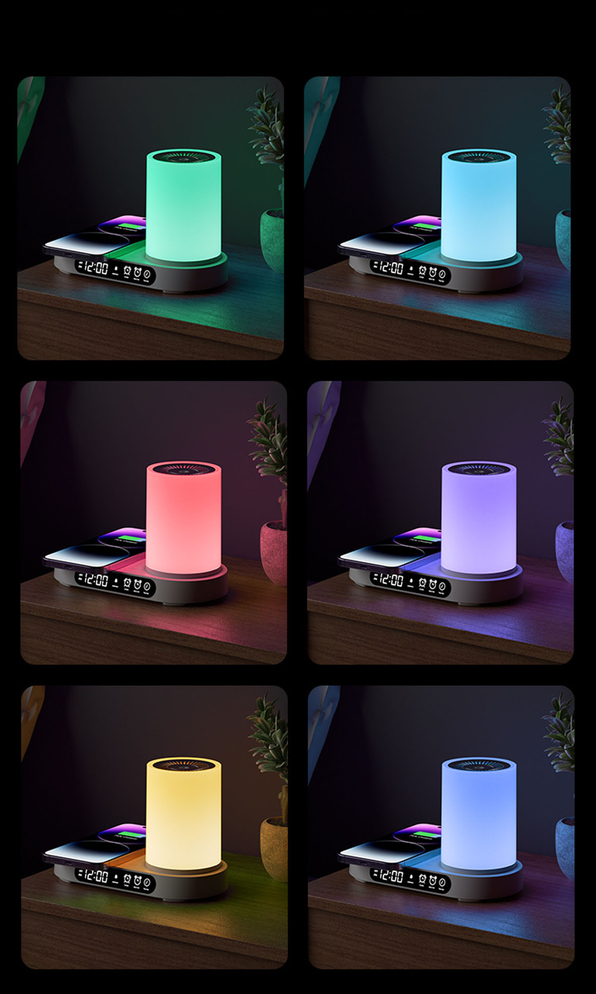 Ein Satz von sechs Bildern, die eine Lampe mit Farbwechsel und ein kabelloses Ladegerät zeigen.