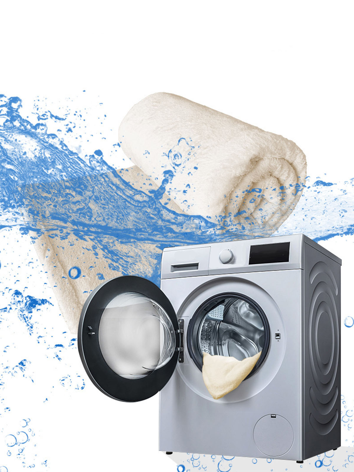 Waschmaschine mit offener Tür und Handtuch. Wasserspritzer und Blasen.