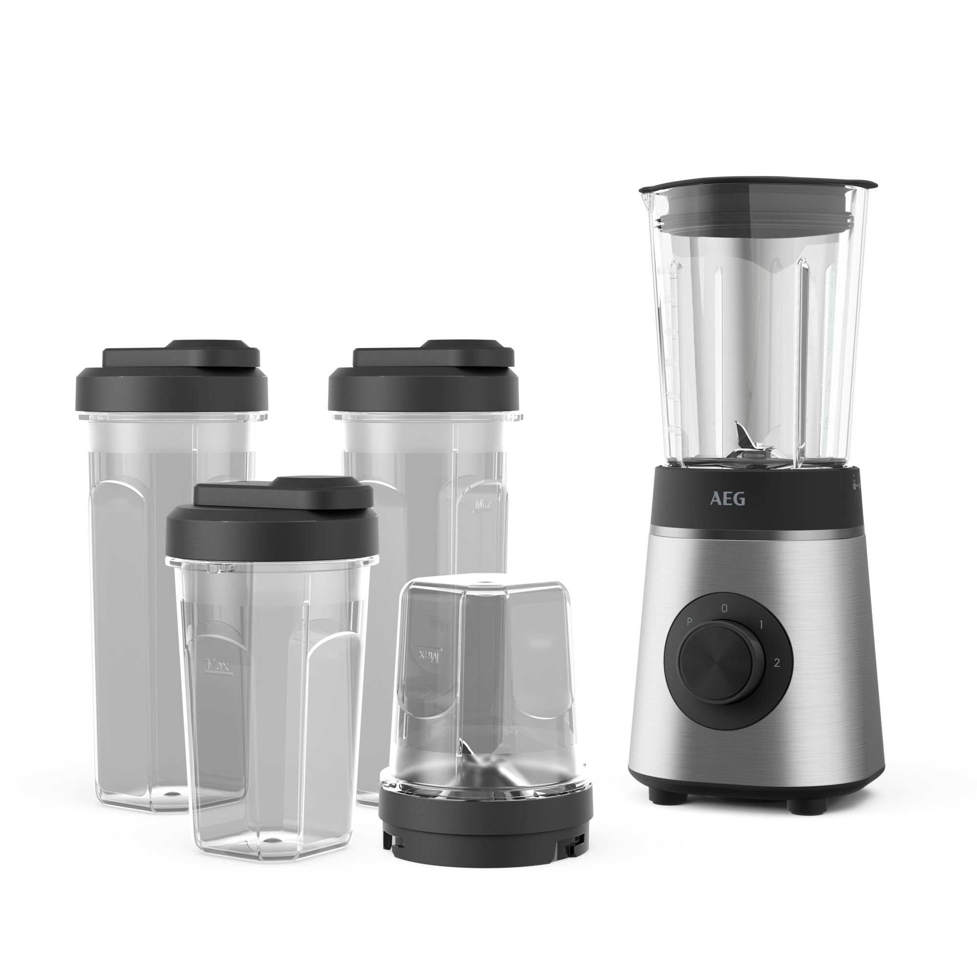 Mixer und vier Becher mit schwarzen Deckeln. Der Mixer ist grau und schwarz mit einem Drehregler.