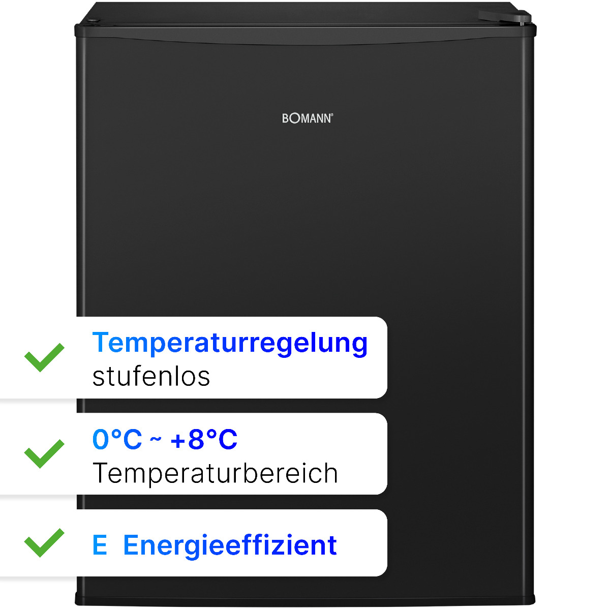 Schwarzer Minikühlschrank mit Text zu Temperatur und Energieeffizienz.
