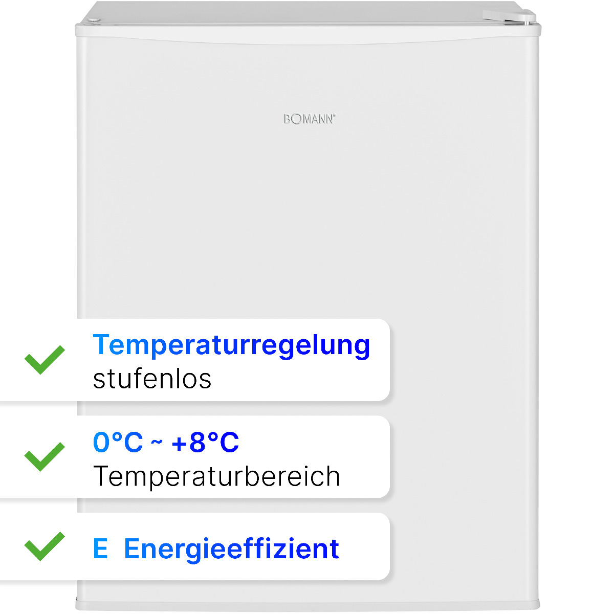 Weißer Mini-Kühlschrank mit Text. Text weist auf Temperaturregelung, Temperaturbereich und Energieeffizienz hin.