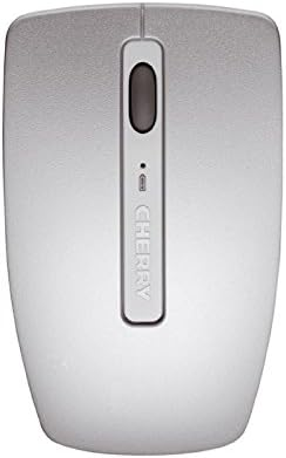 Un mouse wireless argentato con rotella di scorrimento e logo CHERRY.