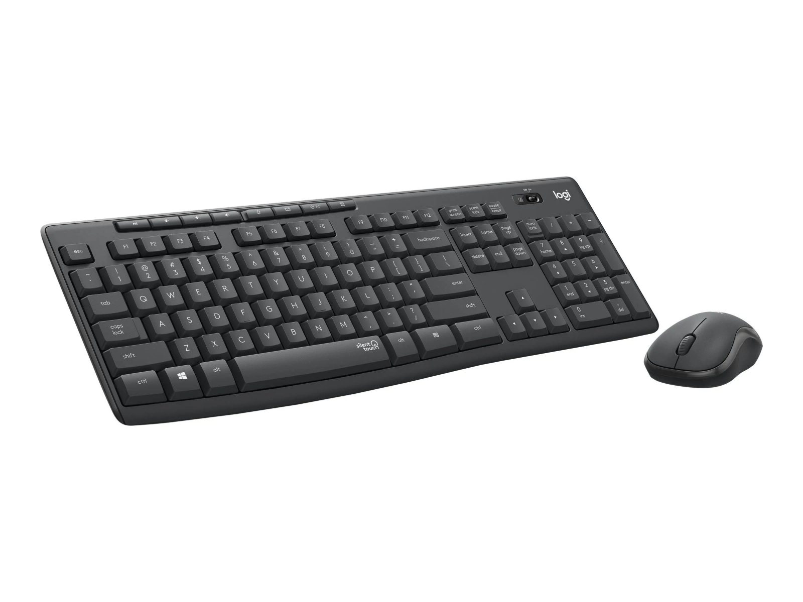 Schwarze Tastatur und Maus. Die Tastatur hat viele Tasten und ist kabellos. Die Maus ist klein und dunkel.
