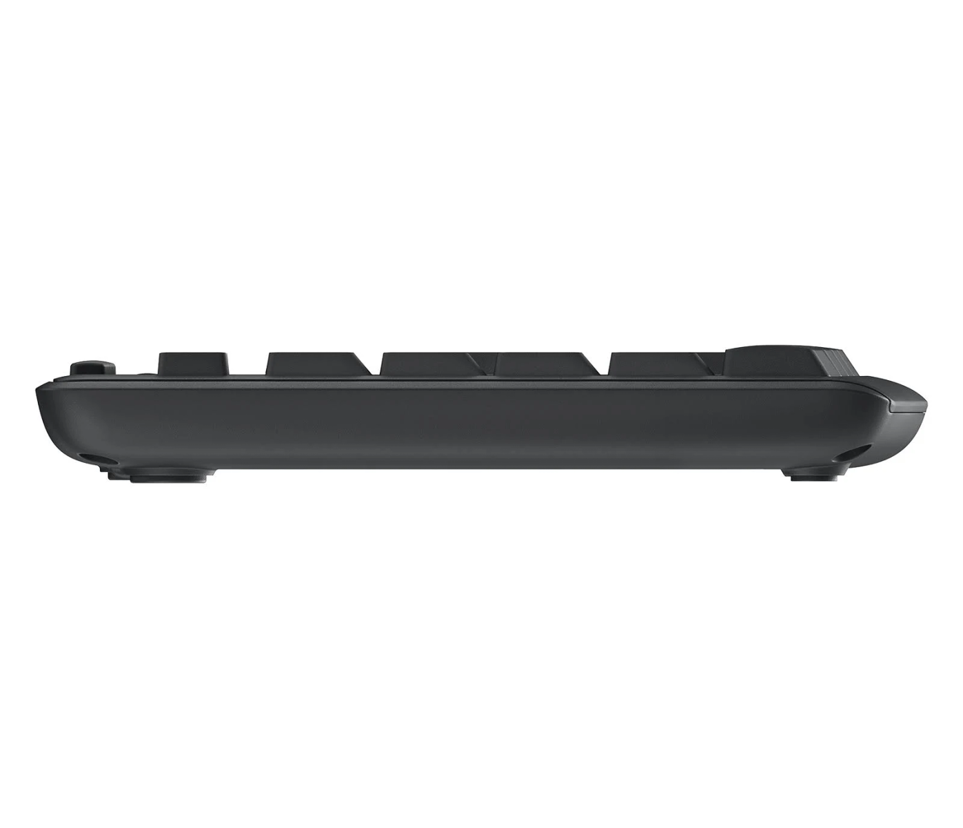 Schwarze Tastatur, Seitenansicht. Weißer Hintergrund.