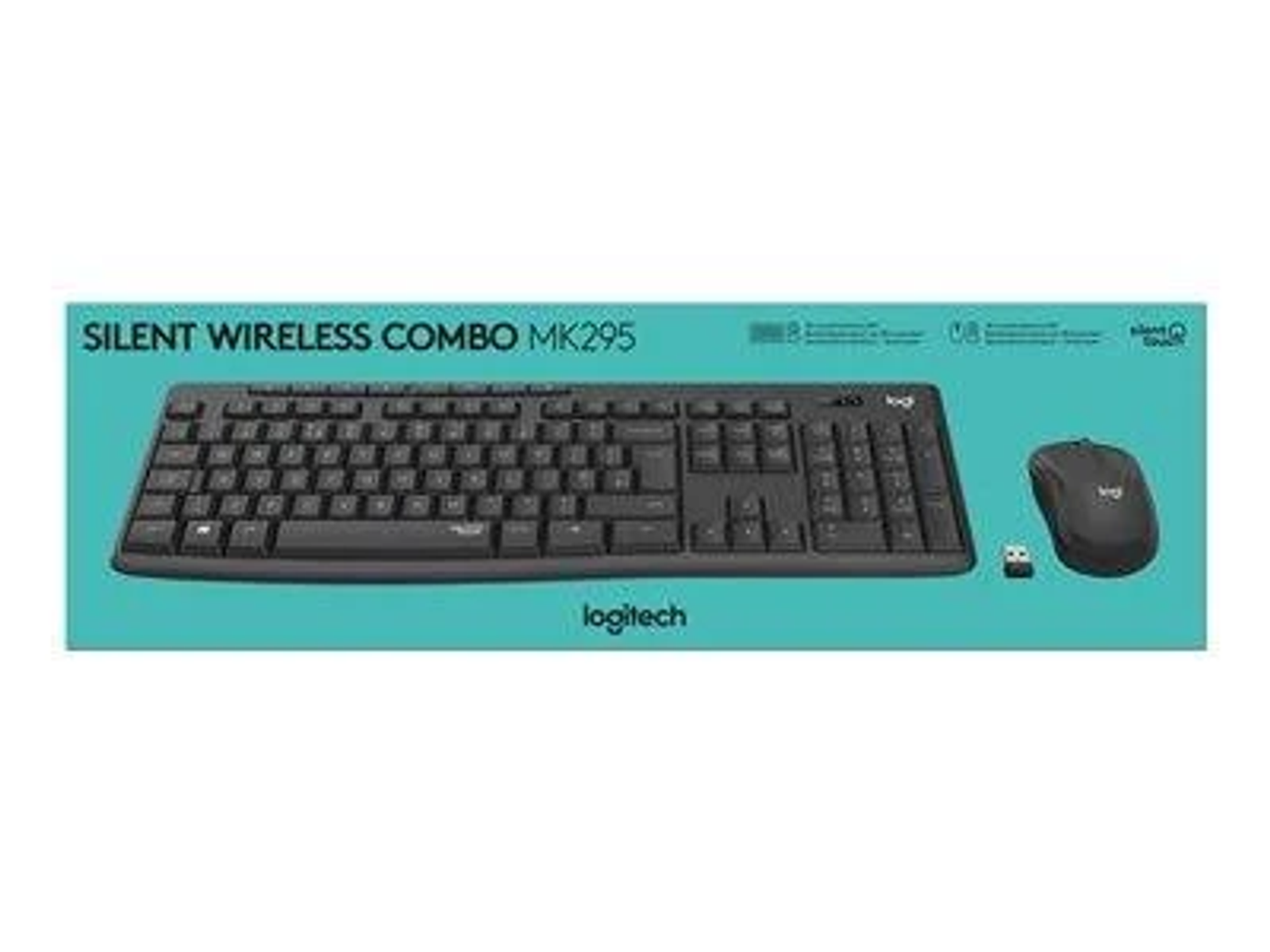 Combo de teclado y ratón negro sobre fondo azul. Marca Logitech.