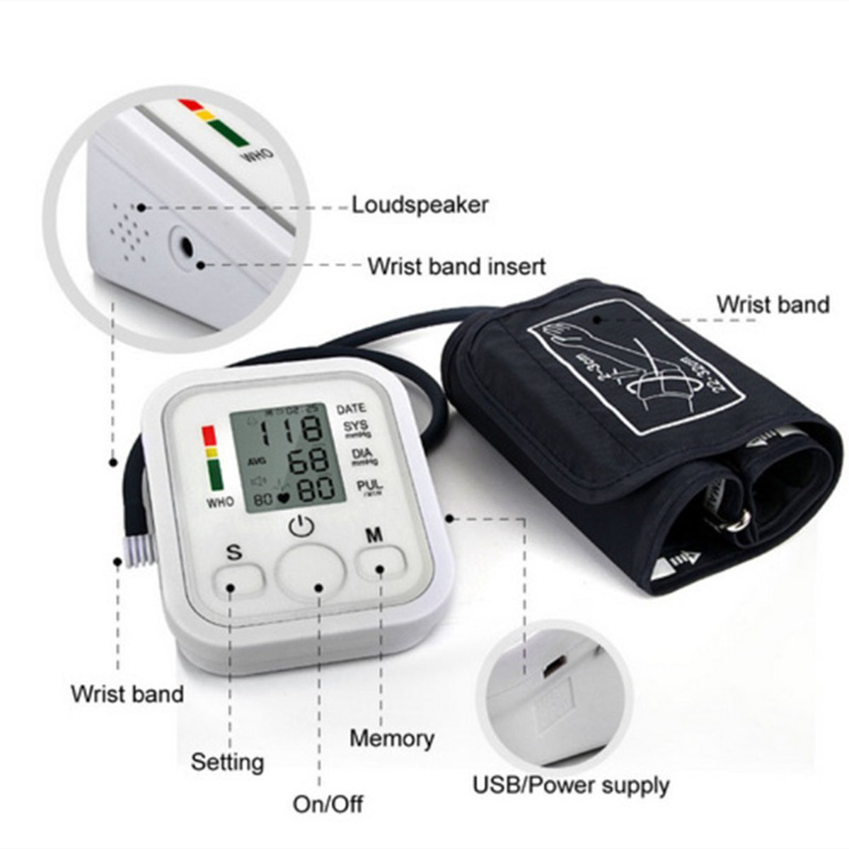 Blutdruckmessgerät mit Armband, Display und USB-Anschluss. Verschiedene Beschriftungen.