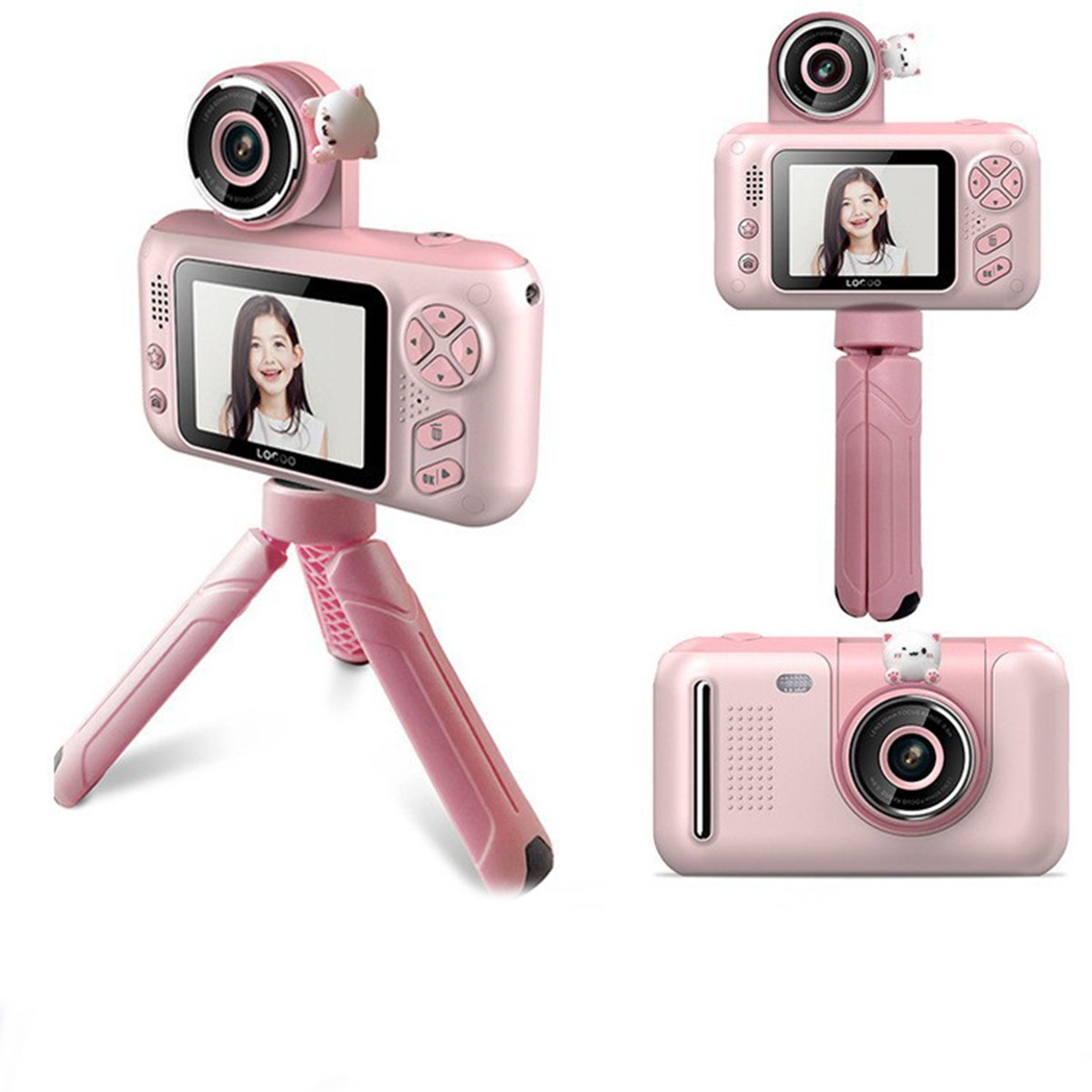Rosa Kinderkamera auf Stativ und Handheld. Zeigt Kinderfoto. Weißer Hintergrund.