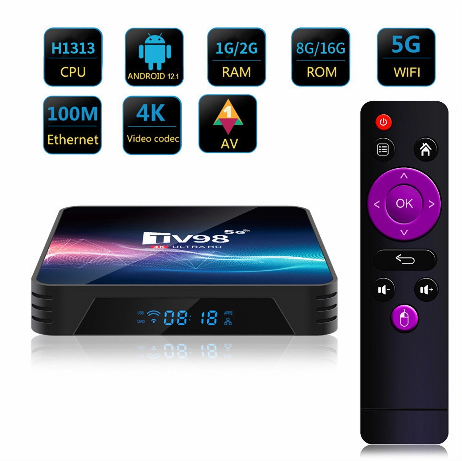 Eine schwarze Set-Top-Box mit Fernbedienung, mit Funktionen und Knöpfen beschriftet, vor weißem Hintergrund.