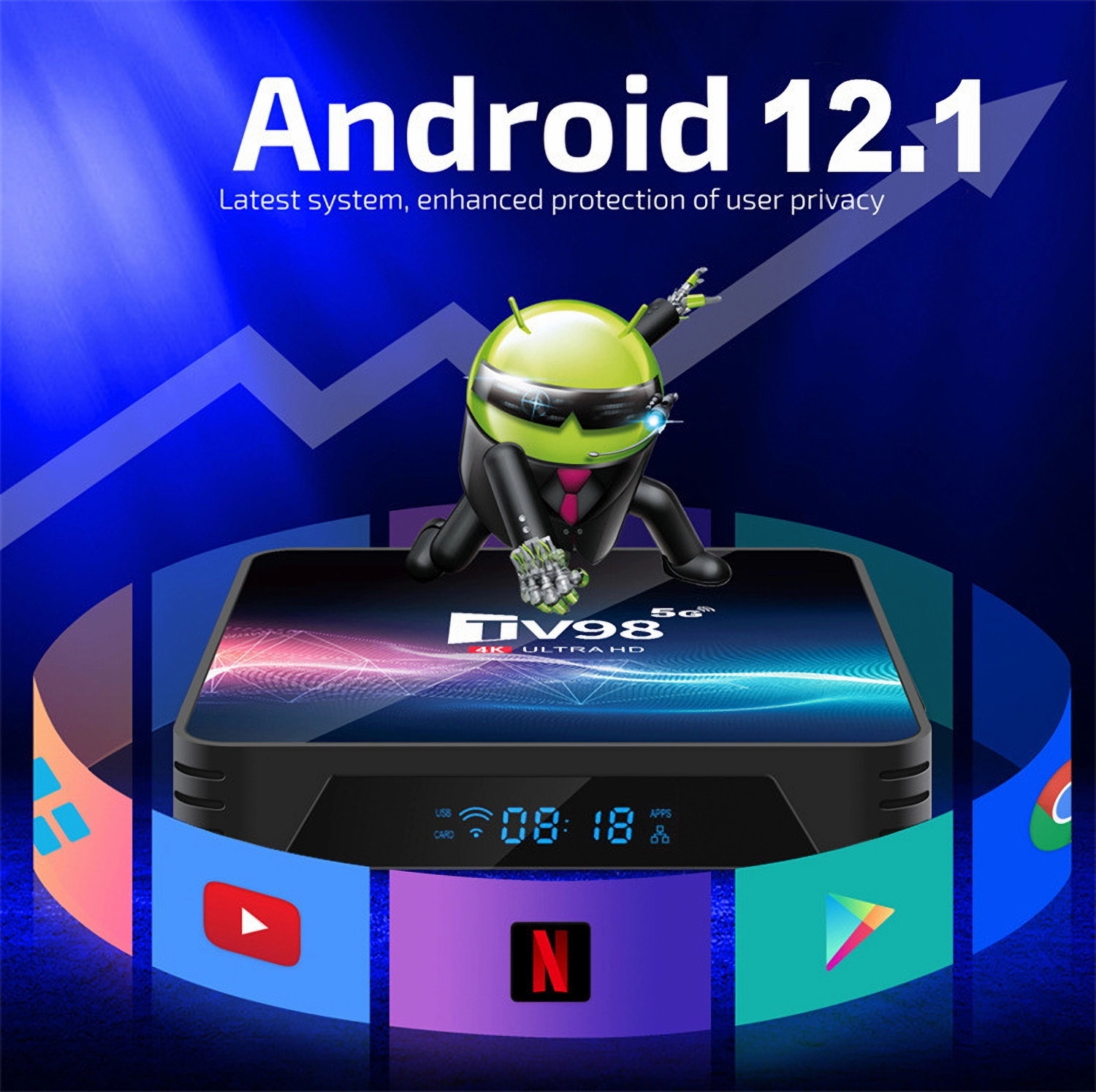 Schwarze Android TV-Box mit Symbolen und einer animierten Android-Figur.