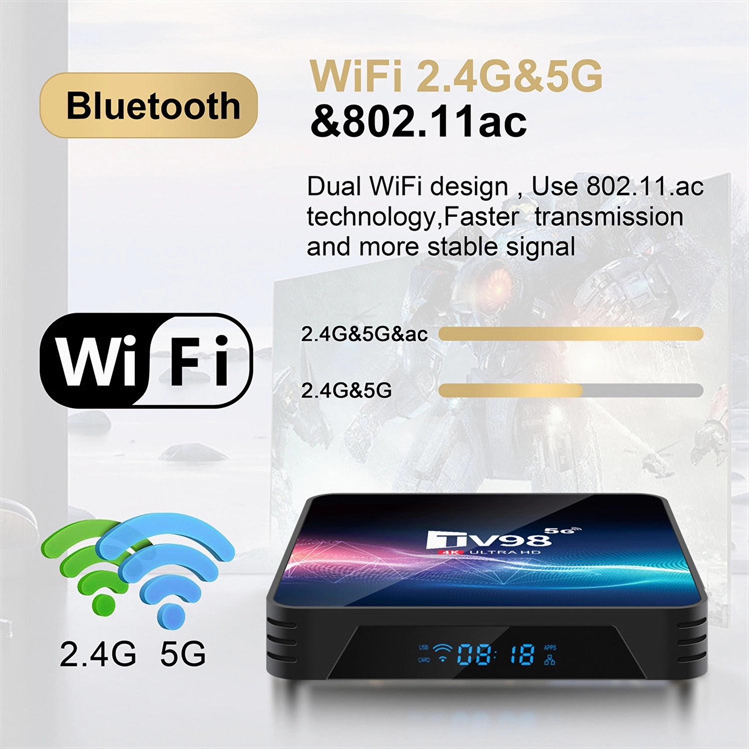 Schwarze TV-Box mit Text und WLAN-Symbolen. Blauer und weißer Hintergrund.