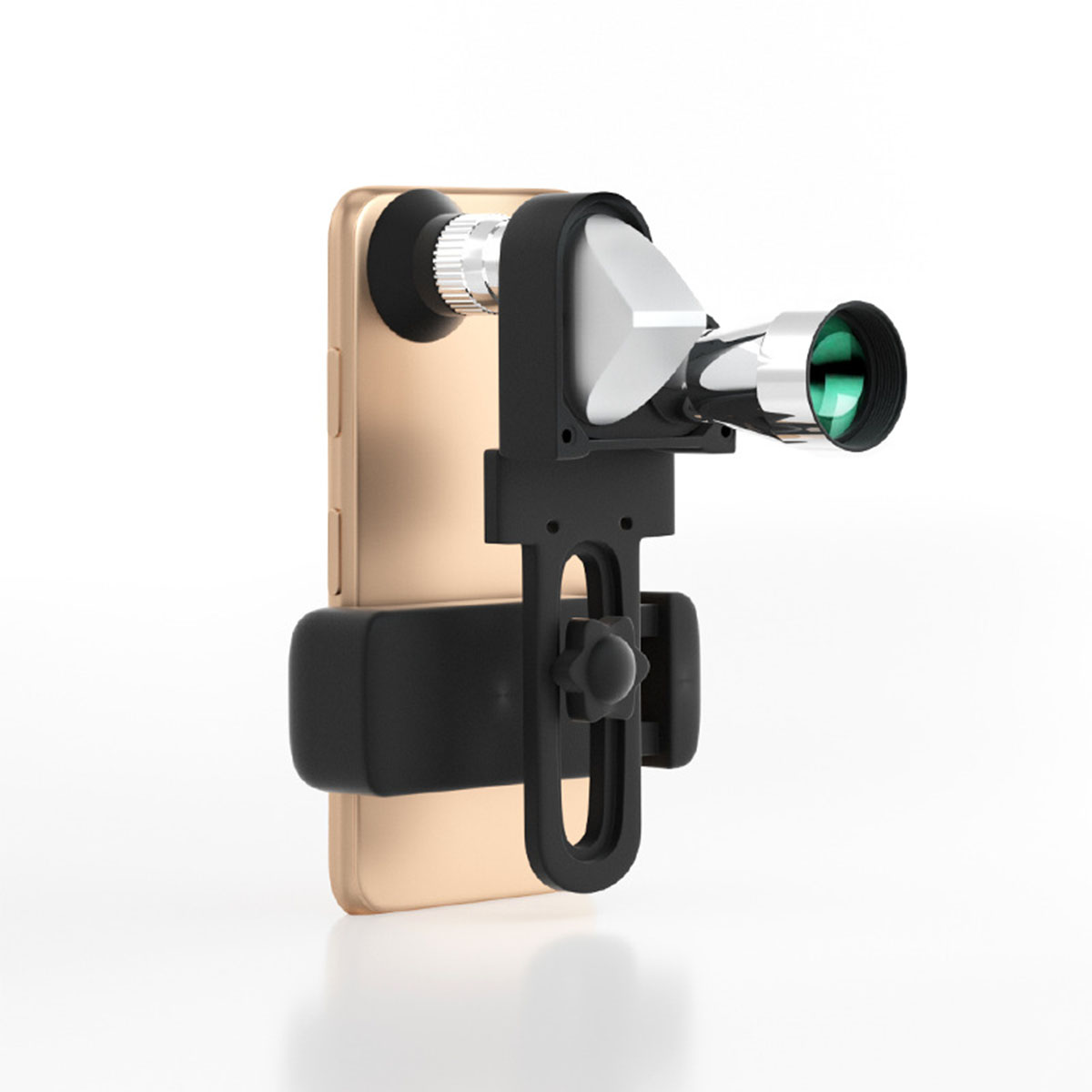 Ein Telefon mit Teleskopaufsatz. Das Telefon ist goldfarben, der Aufsatz schwarz und silber.