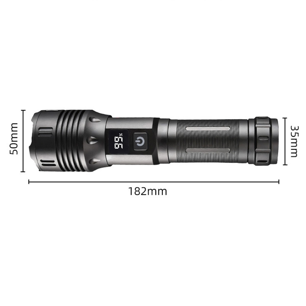 Eine schwarz-silberne Taschenlampe mit Maßen. Sie hat eine Digitalanzeige und eine Ein-Taste.