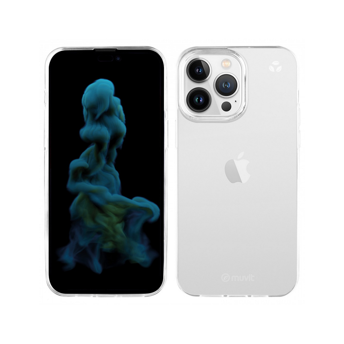 Un teléfono que muestra una imagen en forma de nube y una funda blanca con parte trasera transparente y un logo.