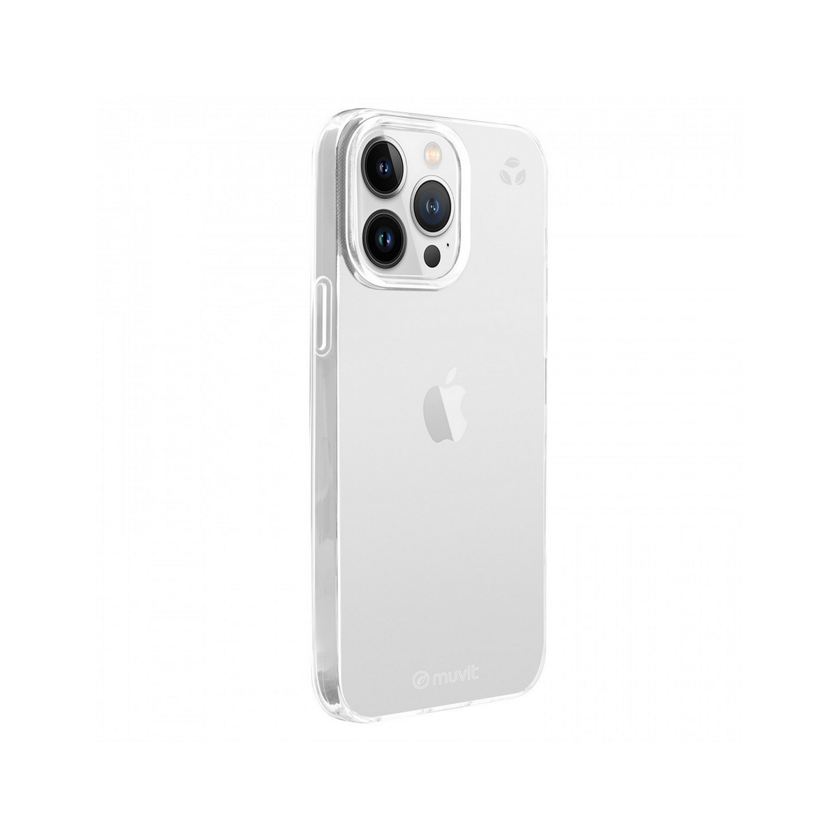 Funda transparente para teléfono con un teléfono dentro. El teléfono tiene tres cámaras y un logo Apple.