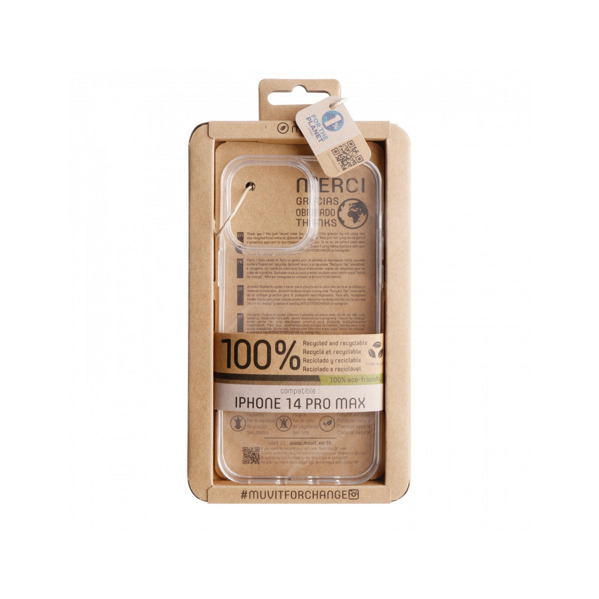 Embalaje de funda transparente para teléfono con una funda transparente dentro. Texto en varios idiomas. Cartón marrón.