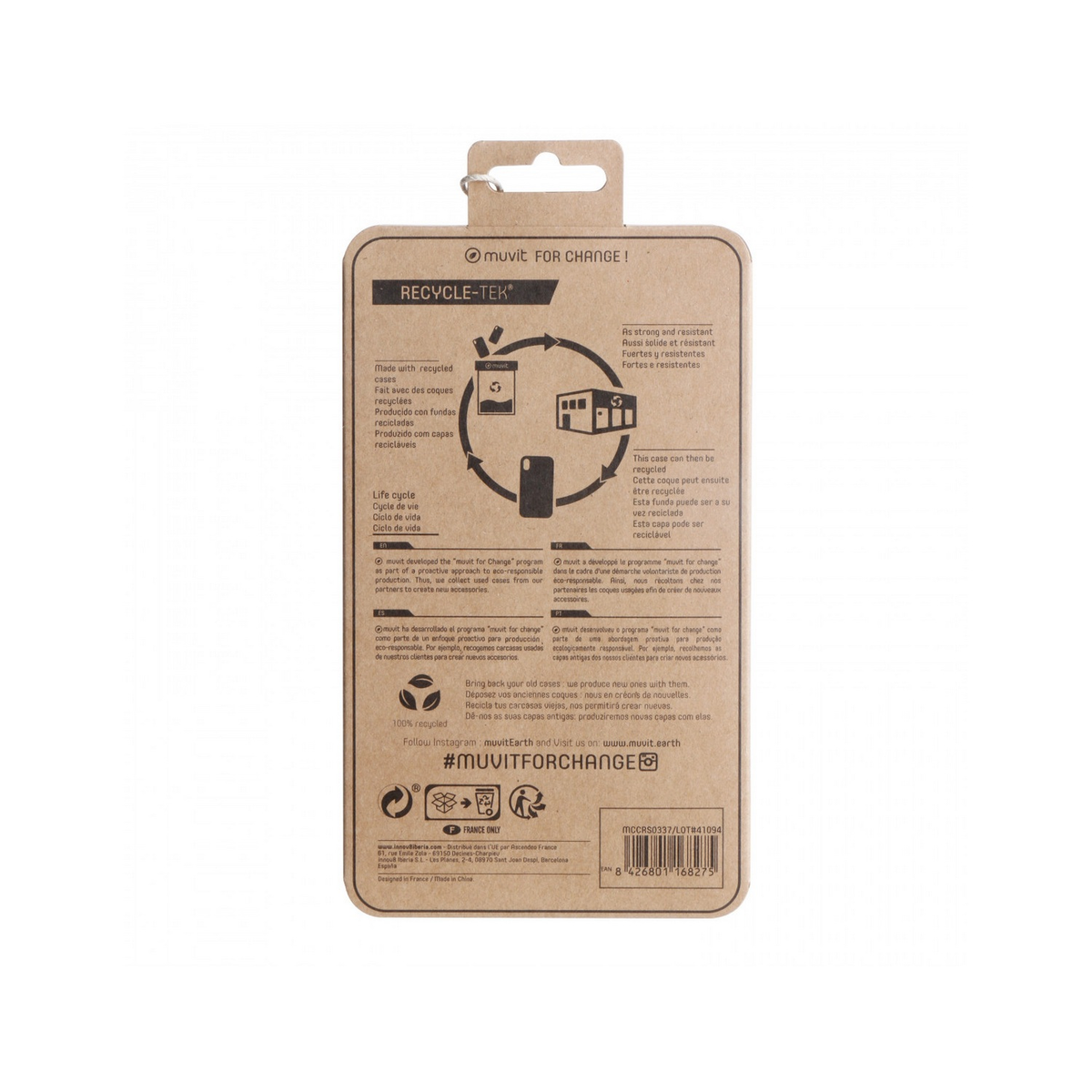 Embalaje de funda de teléfono reciclada con texto y diagramas. La funda se muestra en un gráfico.