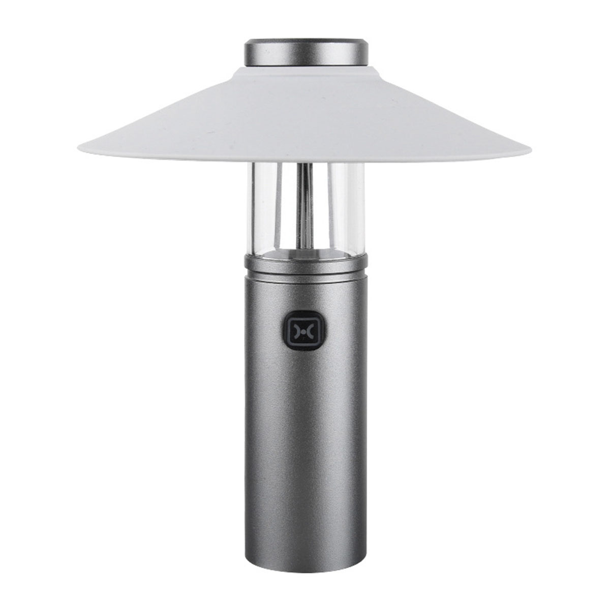 Eine Tischlampe mit weißem Schirm, einem klaren Glaskörper und einem silbernen Sockel.