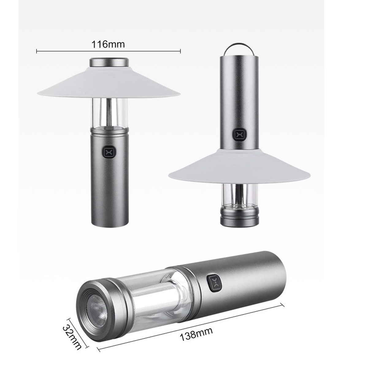 Drei Metalllampen mit Abmessungen. Ein zylindrischer Körper, ein weißer Lampenschirm und eine Lichtquelle.