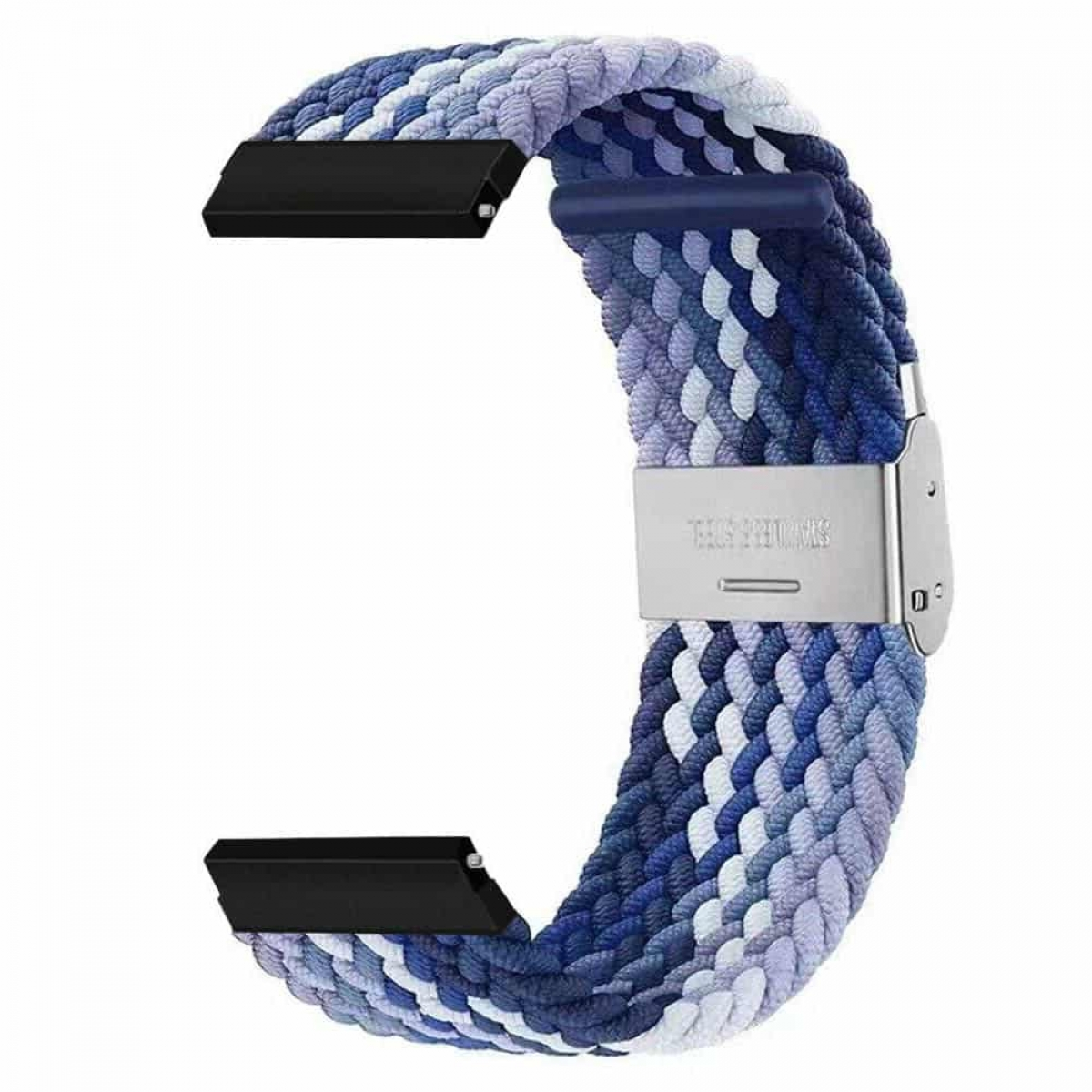 Blau-weiß geflochtenes Uhrenarmband. Das Band hat eine Edelstahlschnalle.