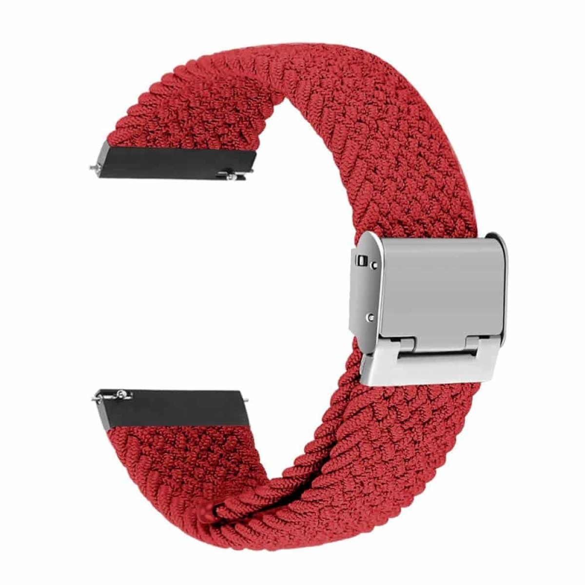 Rotes gewebtes Uhrenarmband mit silberner Schließe.