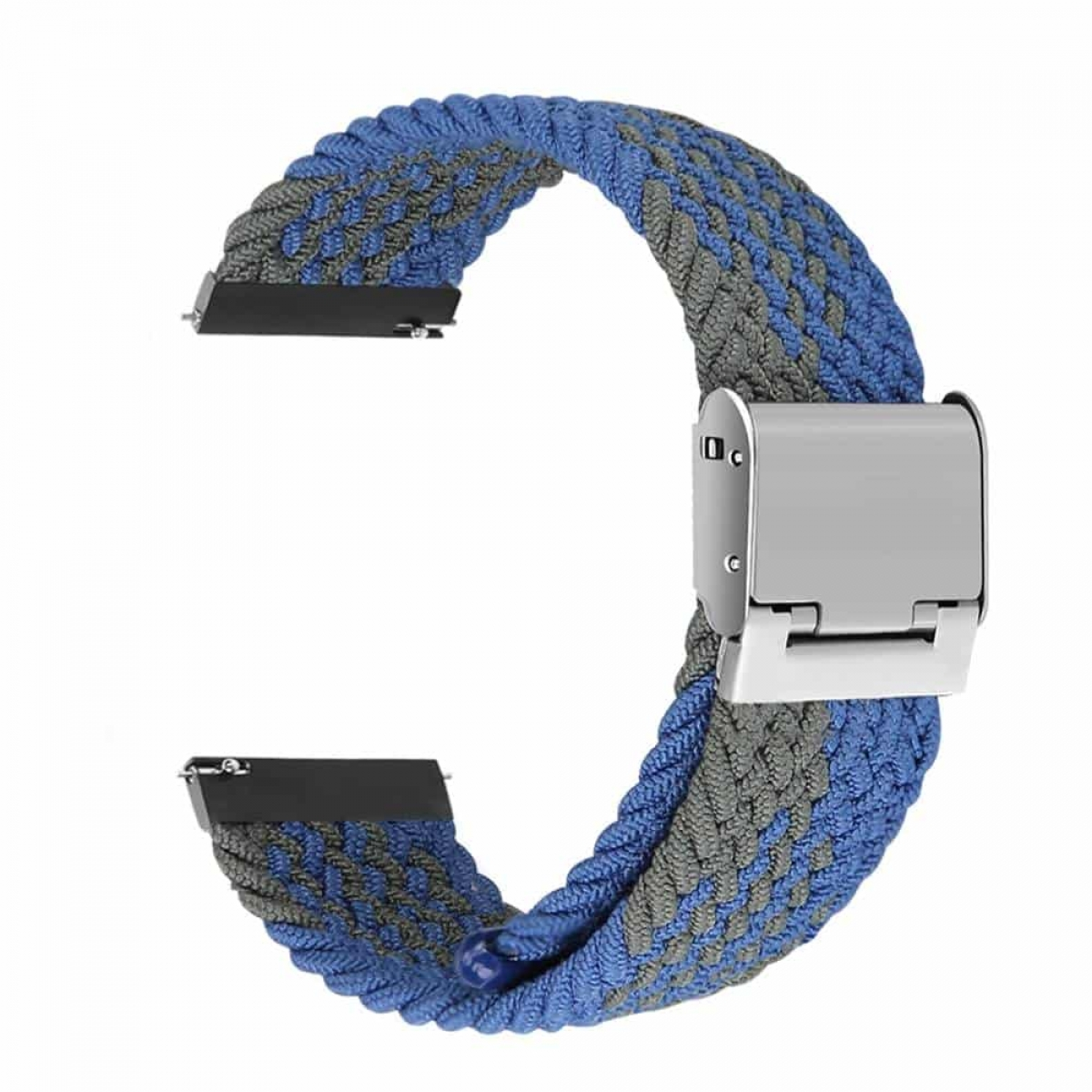 Blau-graues geflochtenes Uhrenarmband mit silberner Schließe. Weißer Hintergrund.