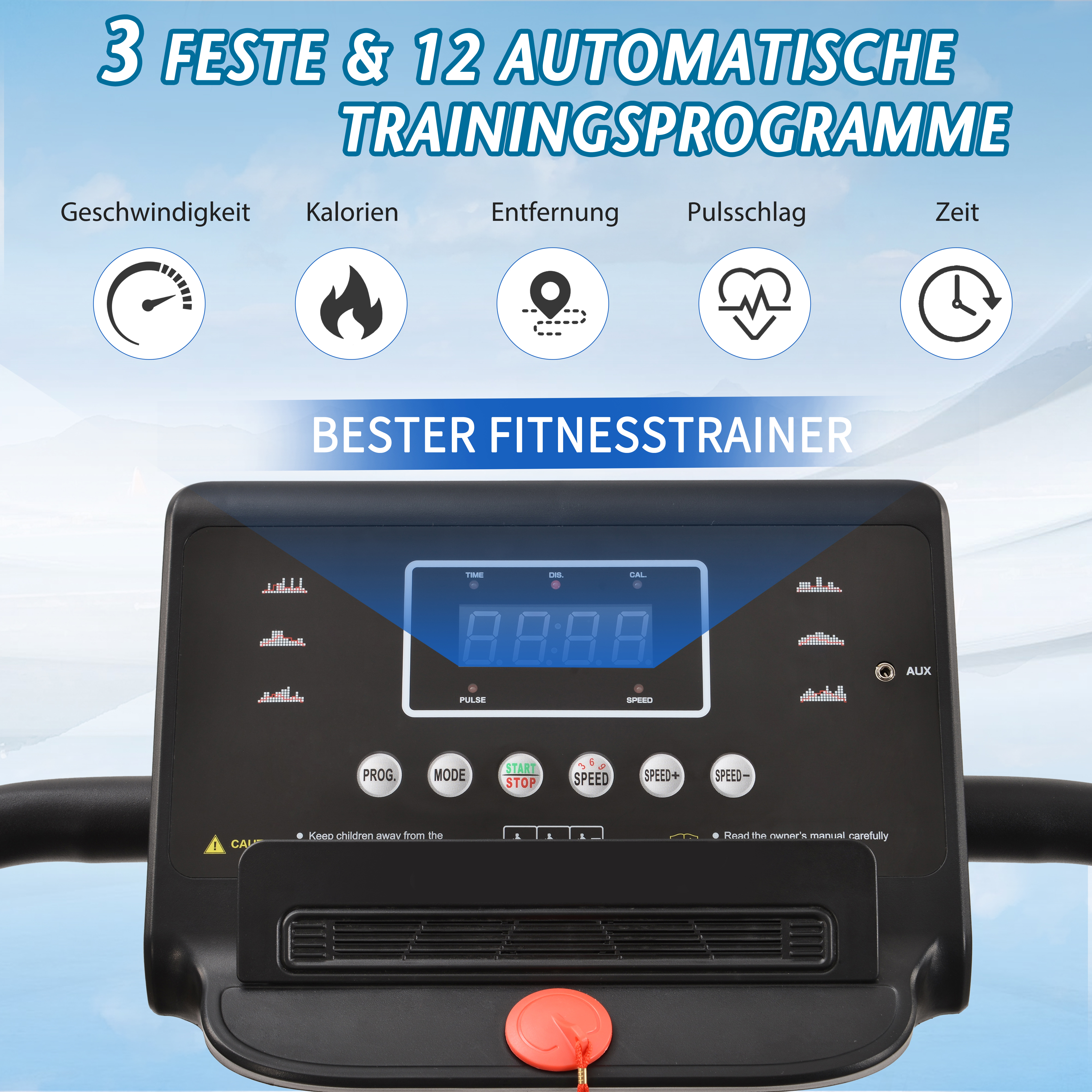 Laufband-Bedienfeld mit Display, das Trainingsdaten anzeigt.