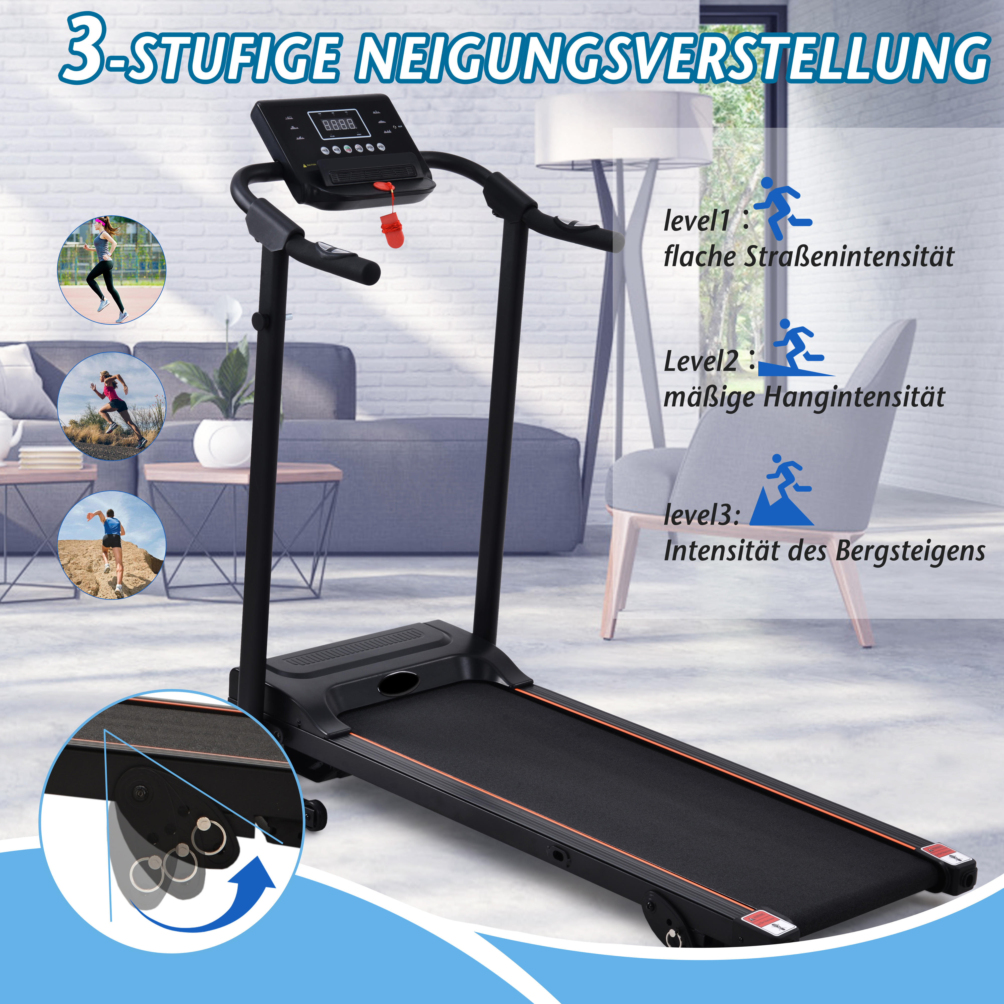Laufband mit drei Neigungsstufen, mit Illustrationen von Laufaktivitäten.
