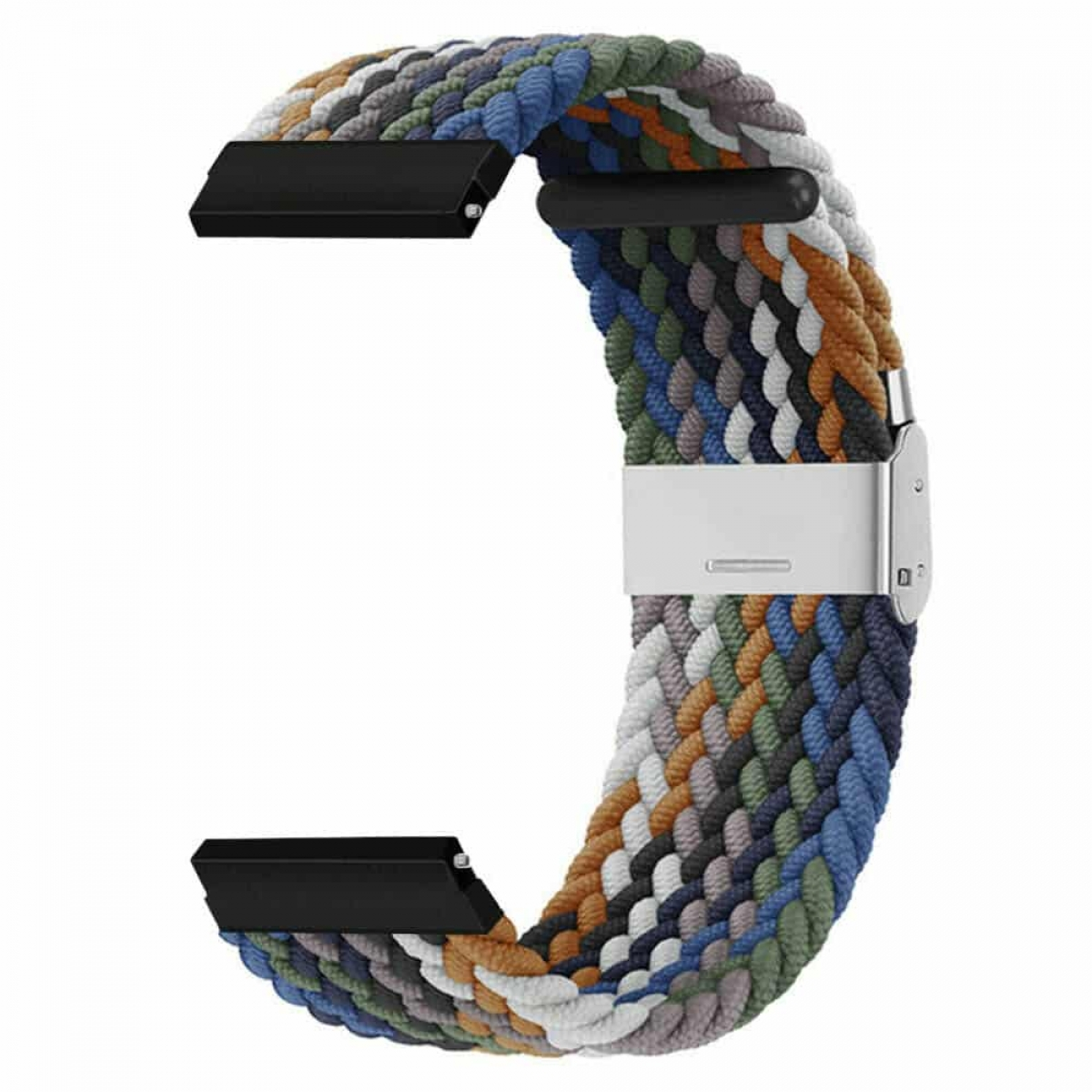 Geflochtenes, farbenfrohes Armband mit schwarzen Steckern und silberner Schließe.