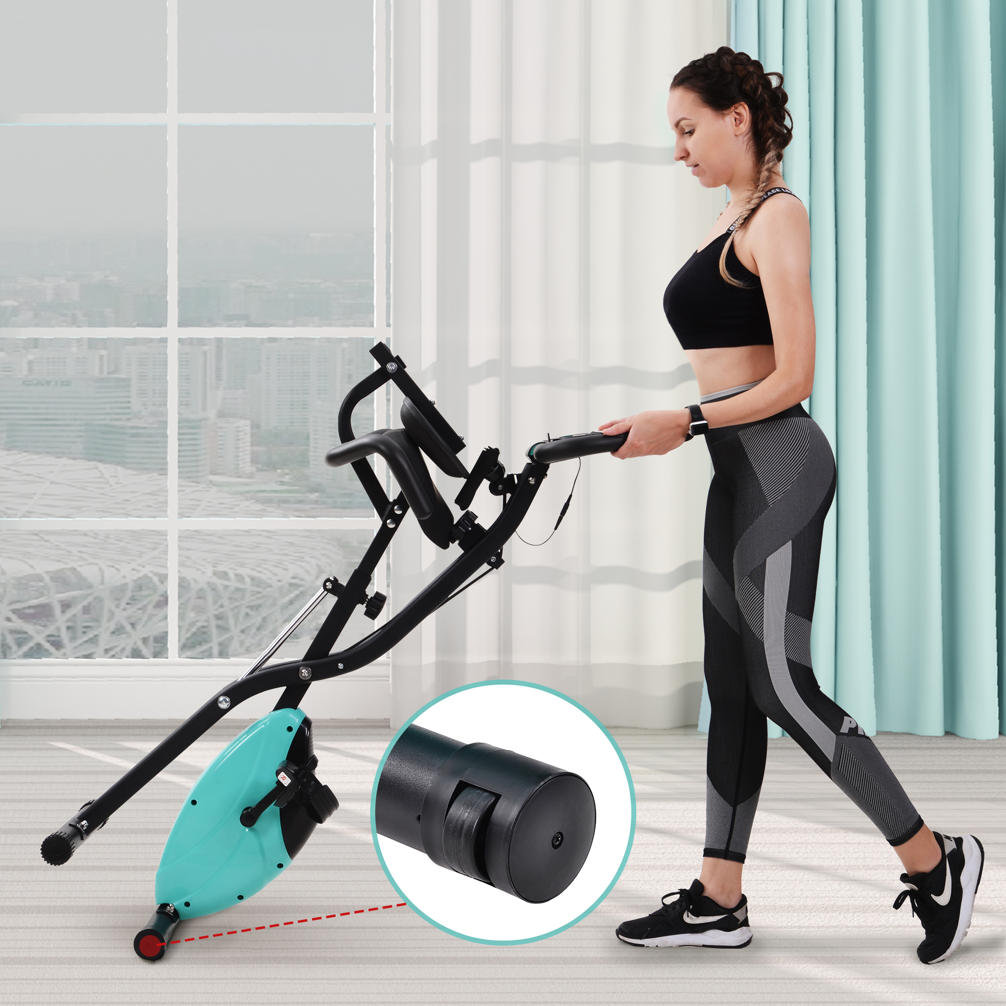 Eine Frau benutzt ein Fitnessgerät. Das Gerät ist schwarz und türkis und hat eine digitale Anzeige.