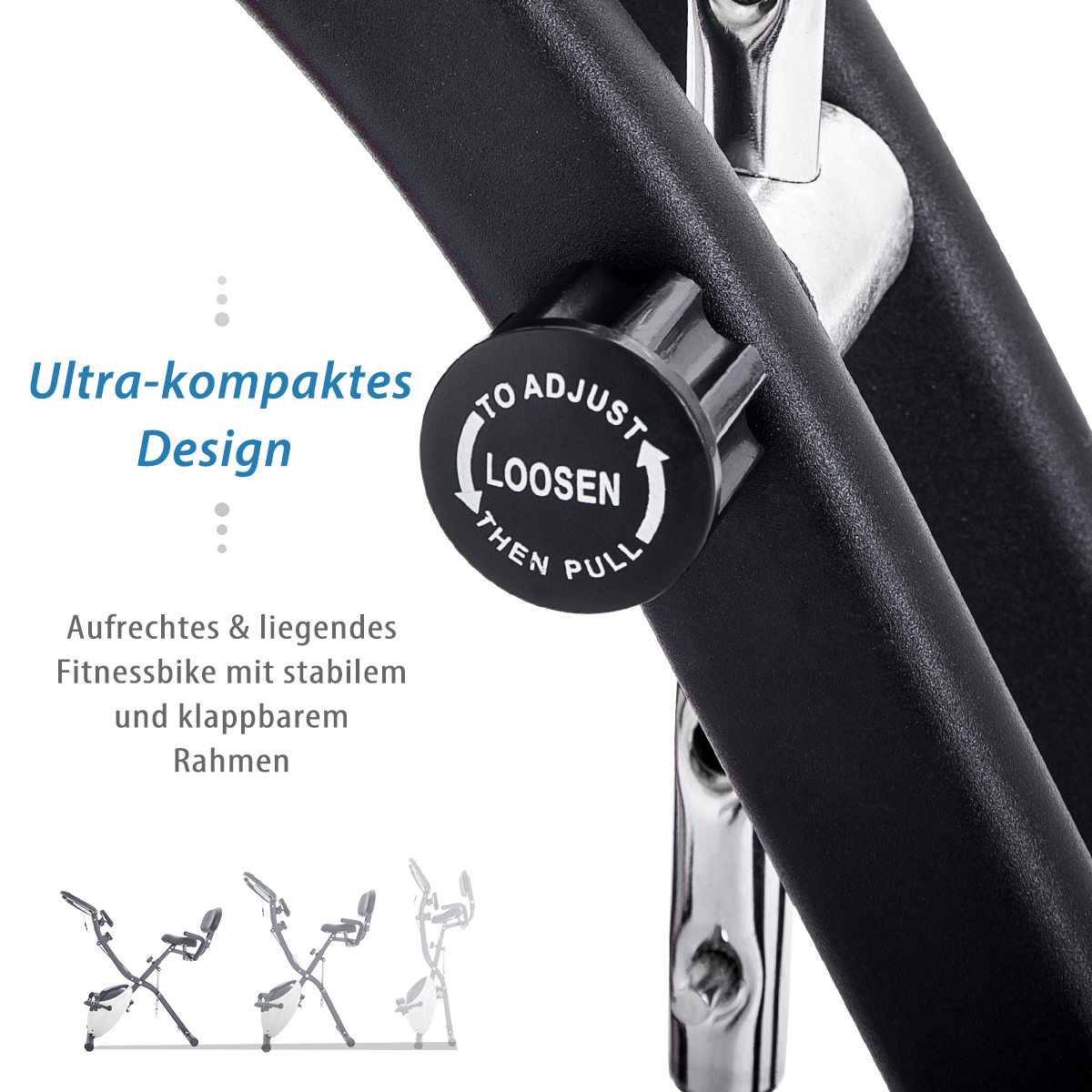 Nahaufnahme des Einstellknopfs eines Heimtrainers, schwarzer Rahmen, weißer Hintergrund.