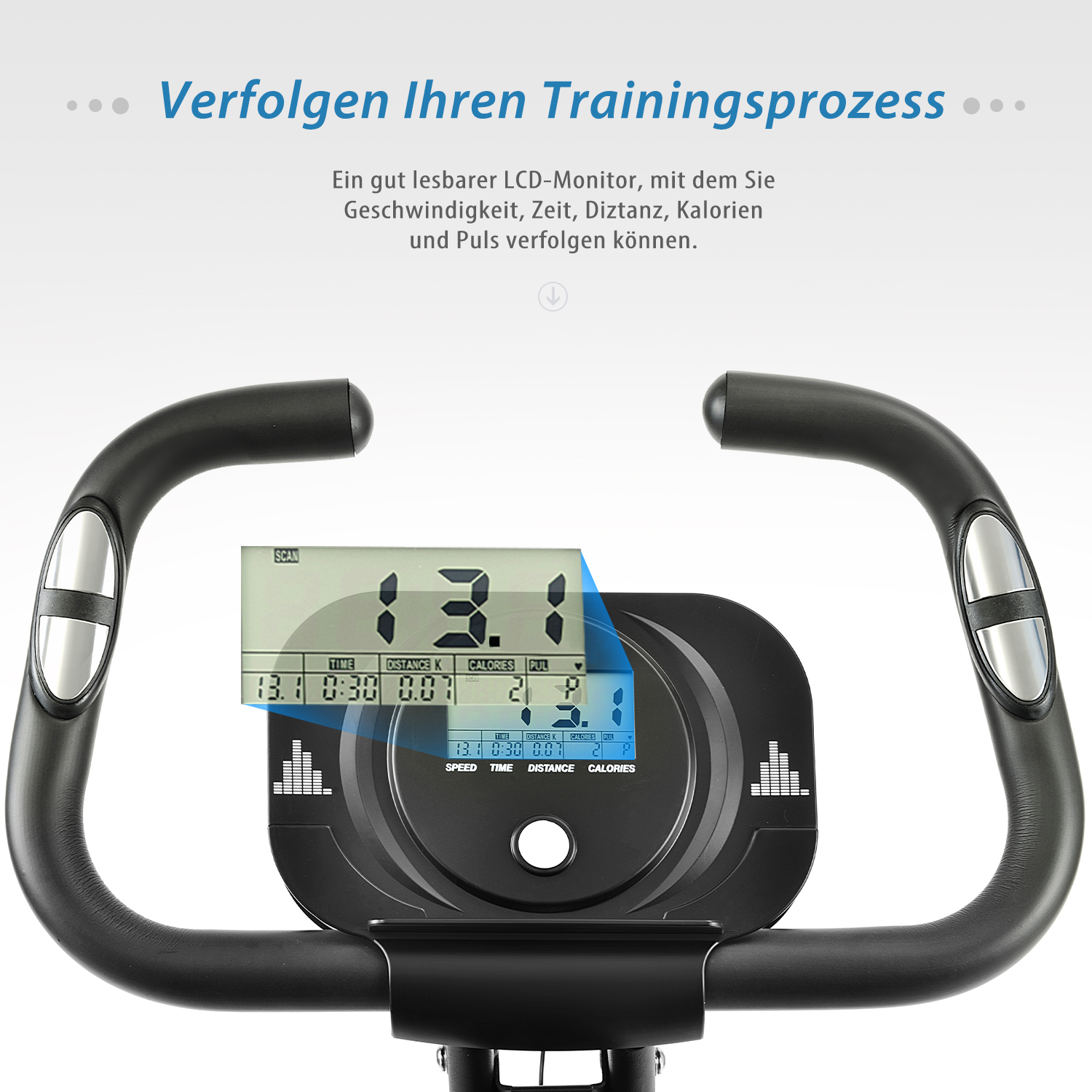 Anzeige des Trainingsfahrrads, die Geschwindigkeit, Zeit, Distanz, Kalorien und Puls anzeigt.