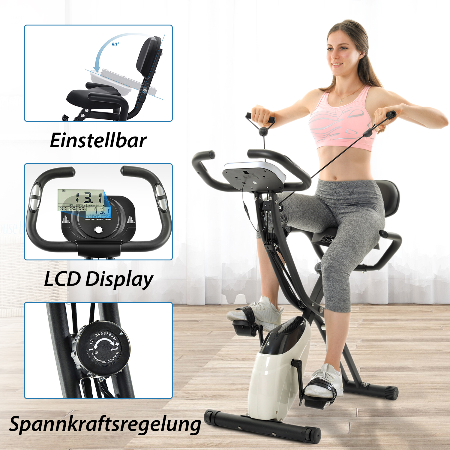 Eine Frau auf einem Trainingsrad mit LCD-Anzeige und Spannungskontrolle. Details sind ebenfalls abgebildet.